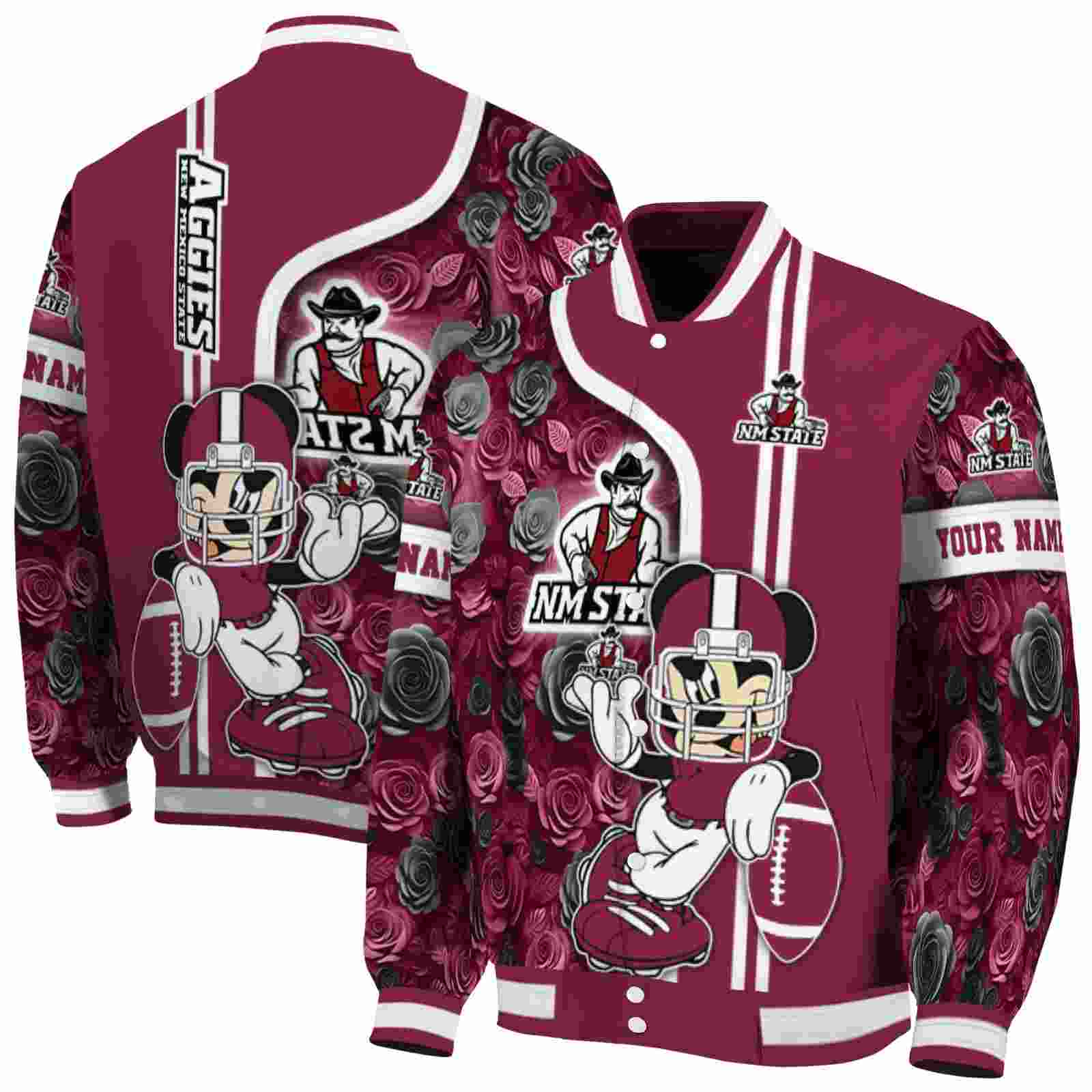 Ncaa Customized New Mexico State Aggies Rose Mickey Crimson Custom Baseball Jacket Sport Fans Gear