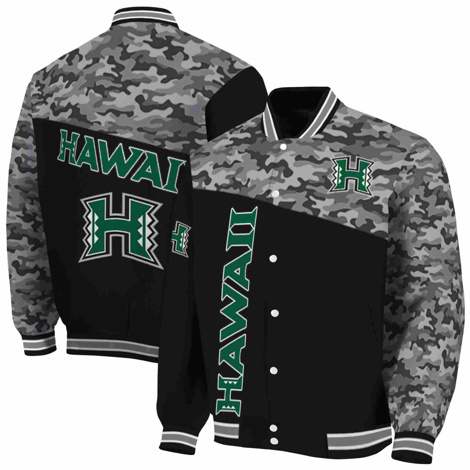 Ncaa Hawaii Rainbow Warriors Camo Patchwork Black Custom Baseball Jacket Sport Fans Gear