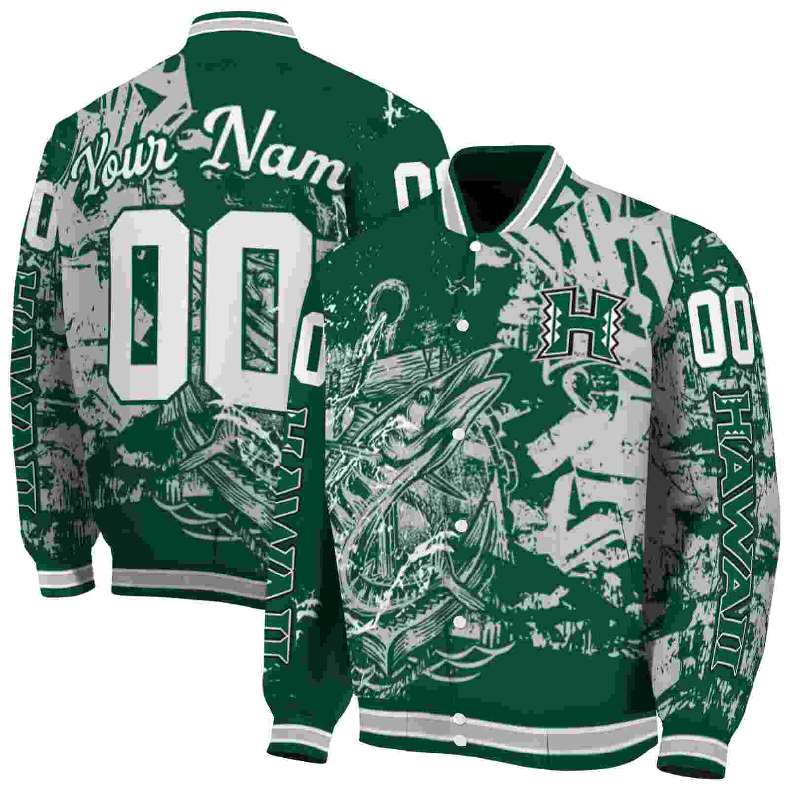 Ncaa Hawaii Rainbow Warriors Fishing Art Green Custom Baseball Jacket Sport Fans Gear