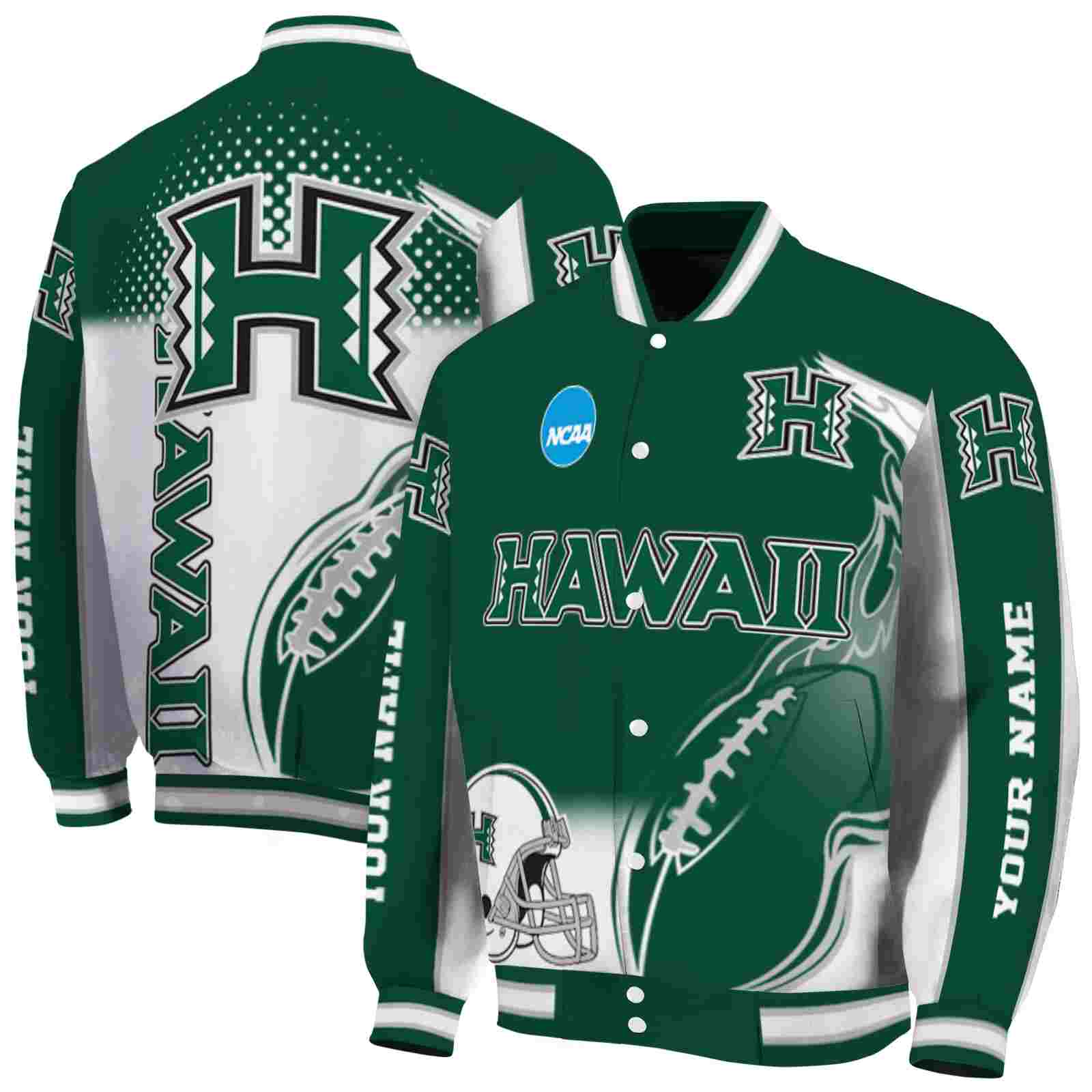 Ncaa Hawaii Rainbow Warriors Flaming Football Green White Custom Baseball Jacket Sport Fans Gear