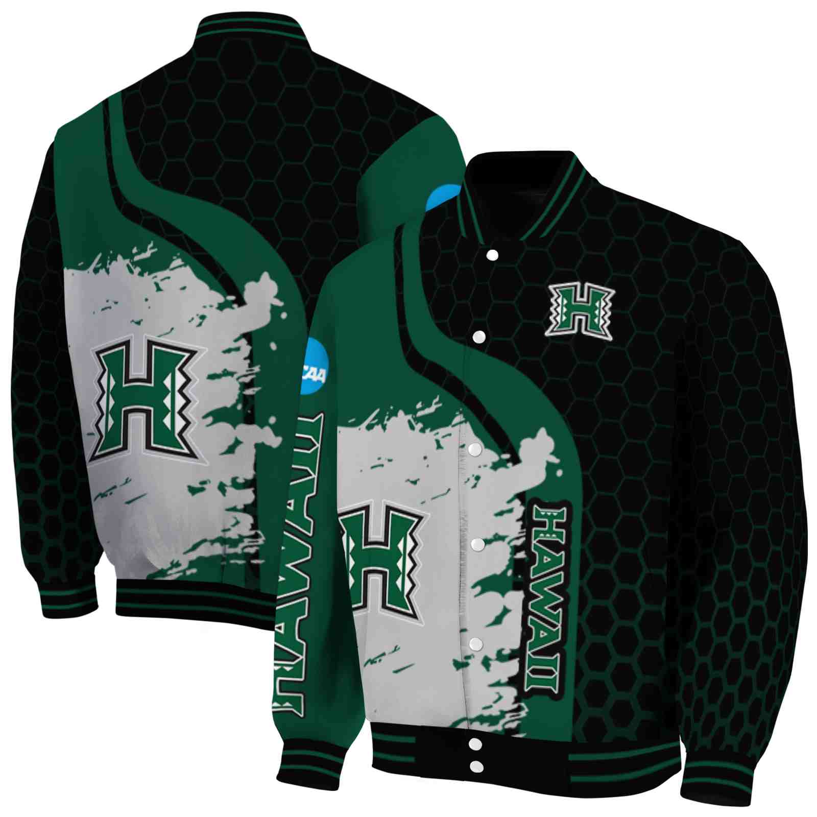 Ncaa Hawaii Rainbow Warriors Hexagonal Pattern Green Black Custom Baseball Jacket Sport Fans Gear