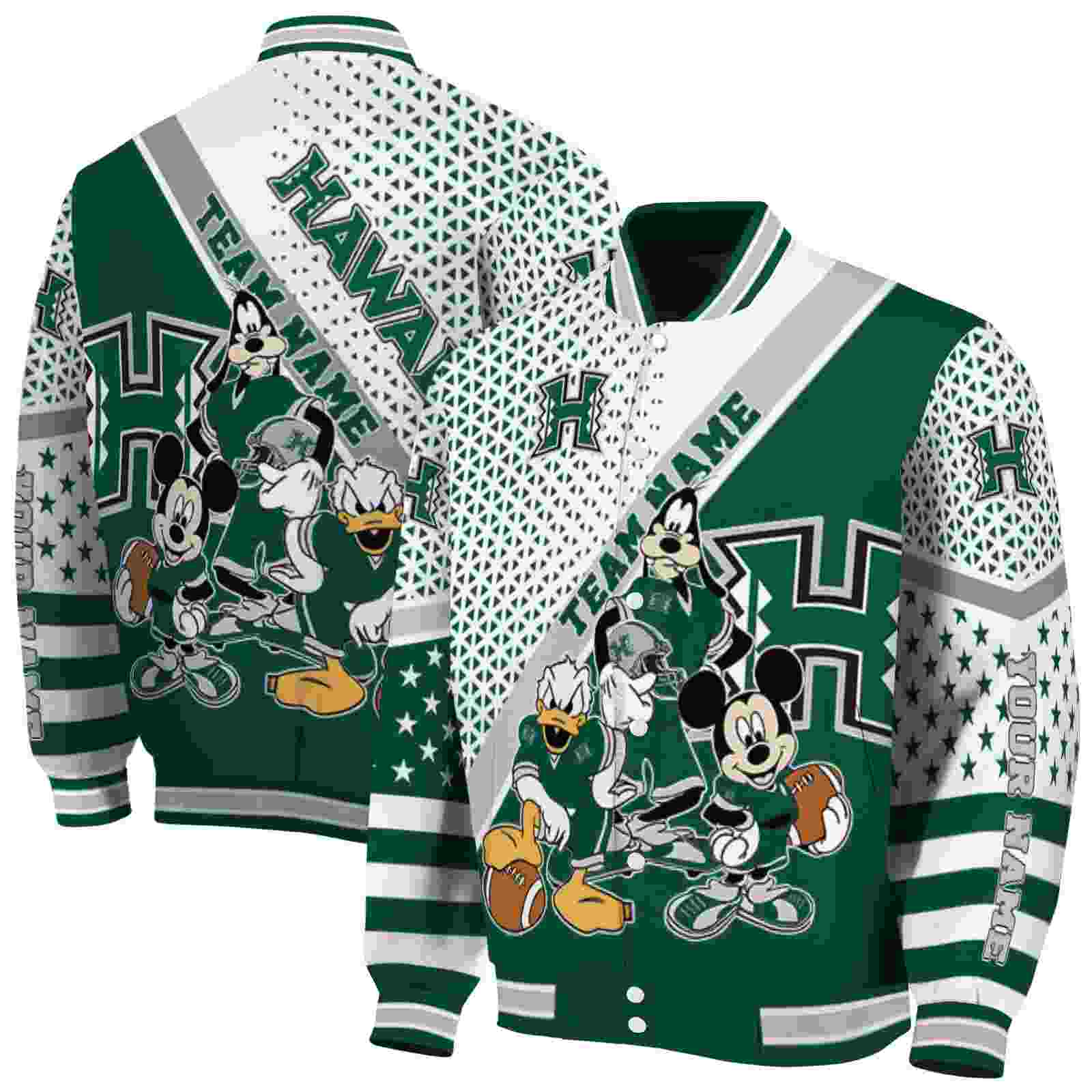 Ncaa Hawaii Rainbow Warriors Mickey Donald Goofy Green White Custom Baseball Jacket Sport Fans Gear