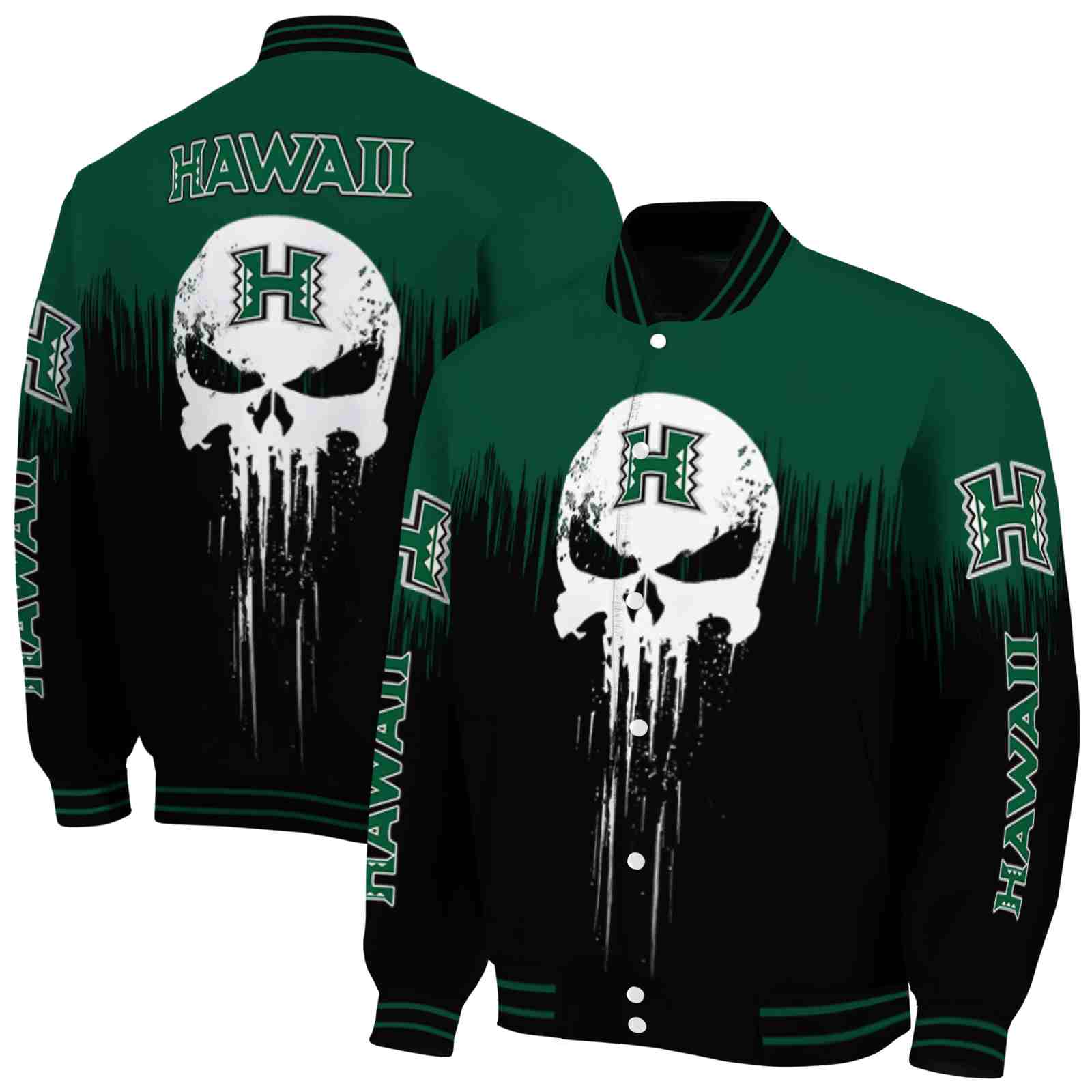 Ncaa Hawaii Rainbow Warriors Punisher Skull Green Black White Custom Baseball Jacket Sport Fans Gear
