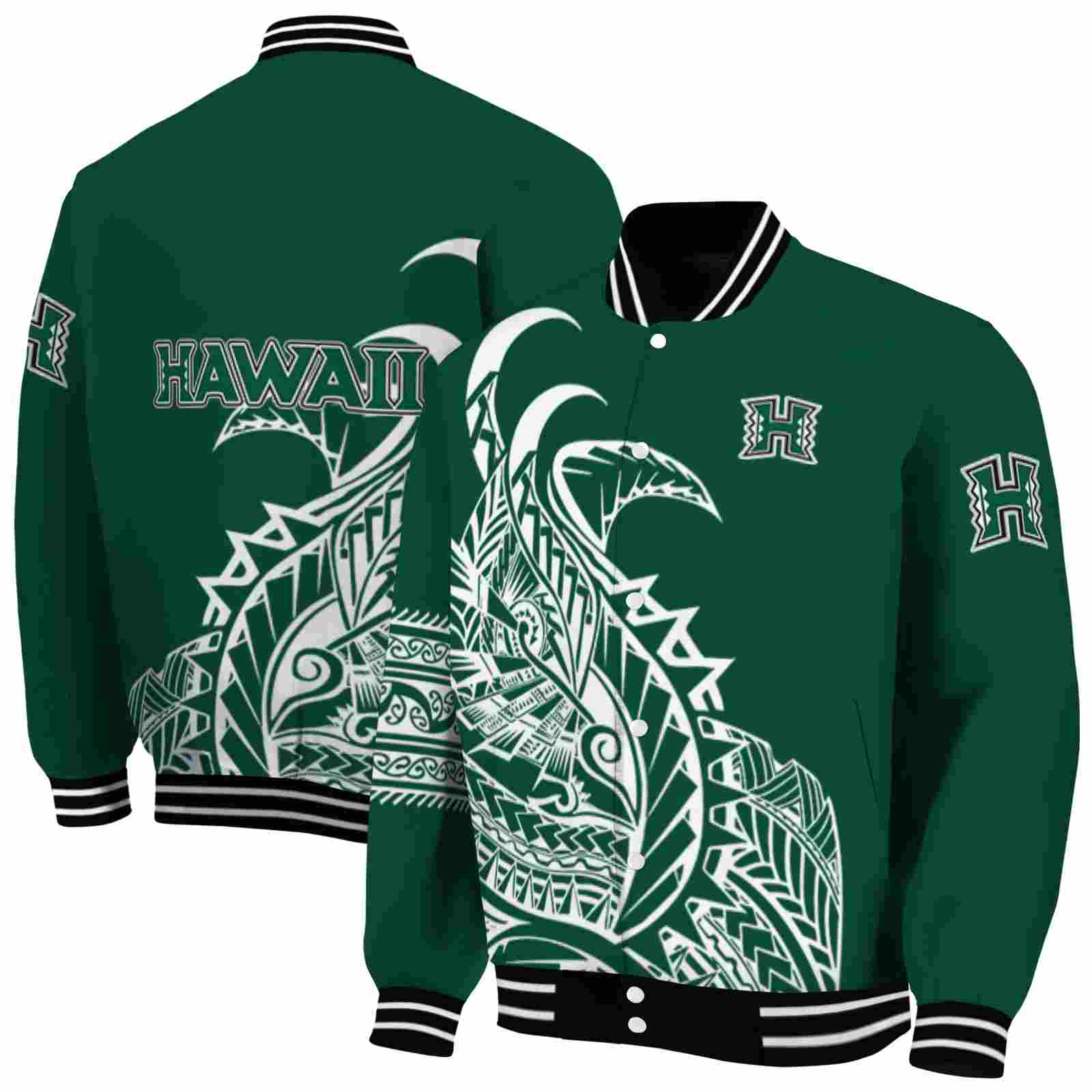 Ncaa Hawaii Rainbow Warriors Tribal Art Green White Black Custom Baseball Jacket Sport Fans Gear