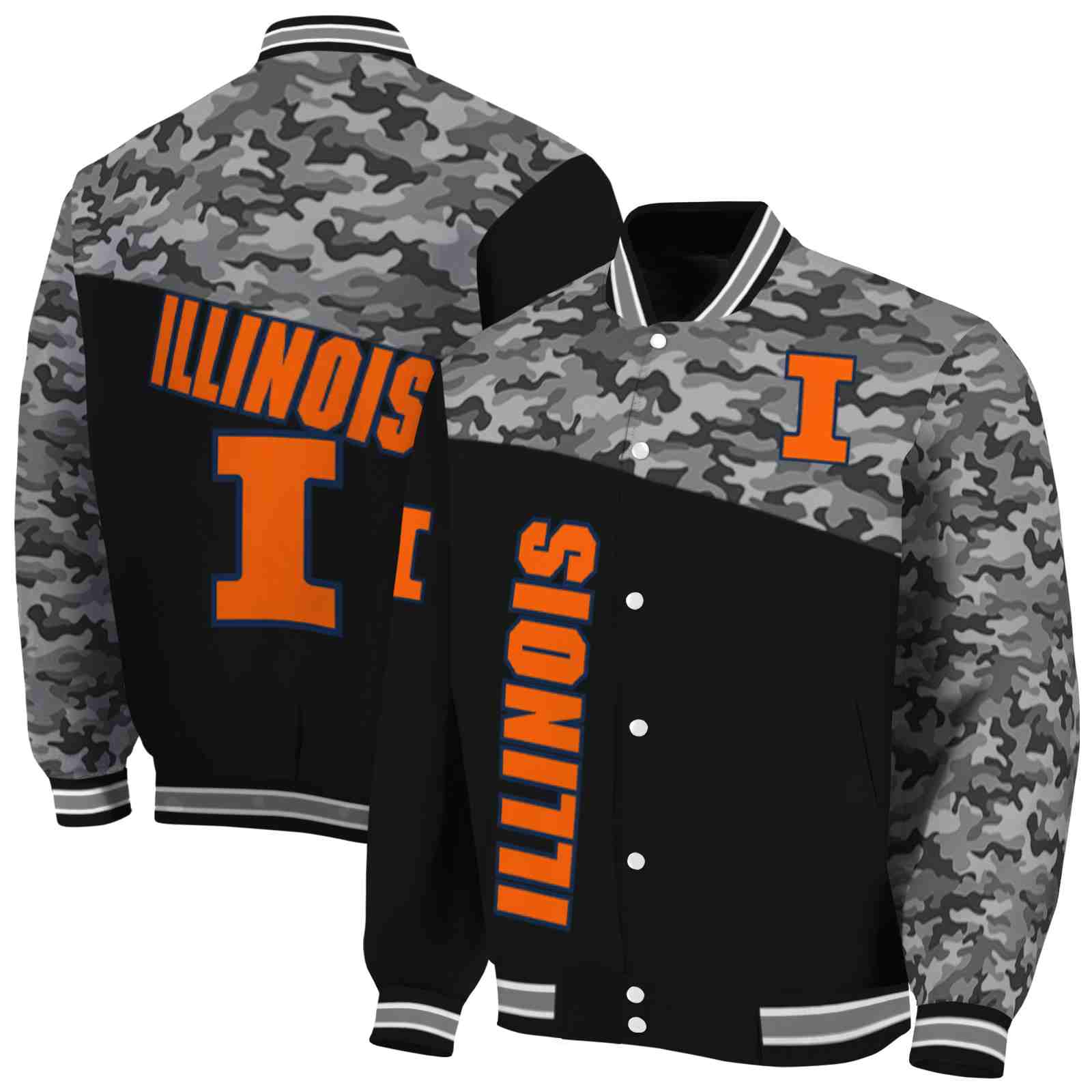 Ncaa Illinois Fighting Illini Camo Patchwork Black Custom Baseball Jacket Sport Fans Gear