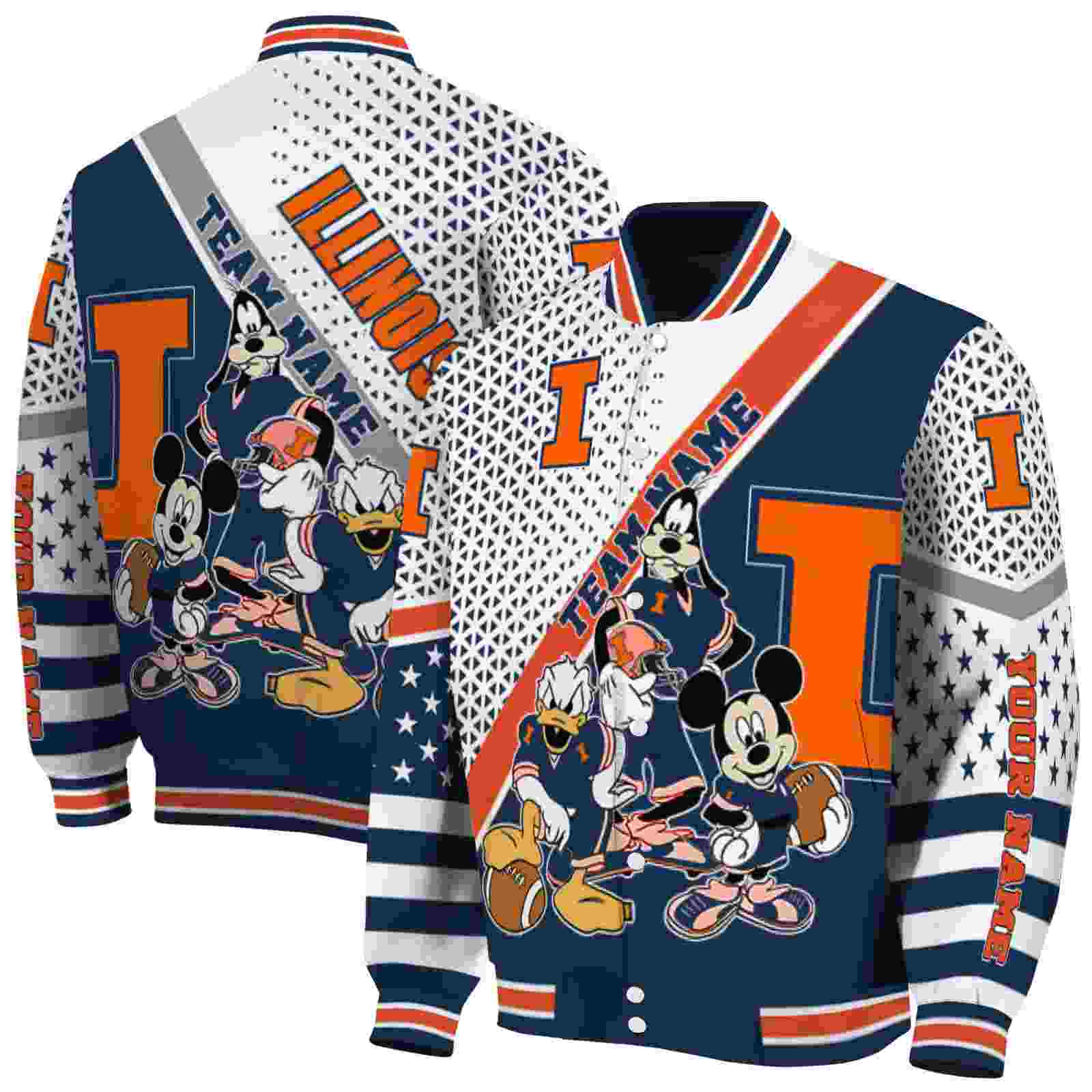 Ncaa Illinois Fighting Illini Mickey Donald Goofy Blue White Custom Baseball Jacket Sport Fans Gear
