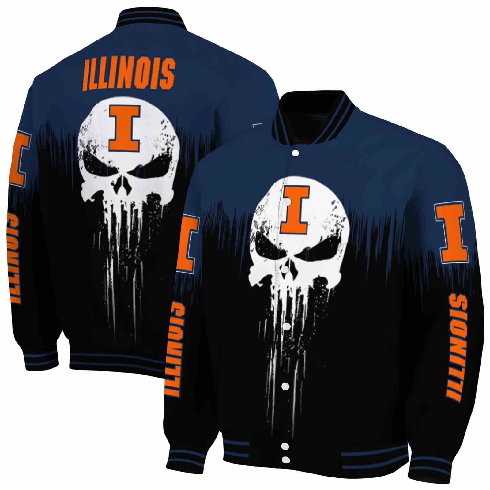 Ncaa Illinois Fighting Illini Punisher Skull Blue Black White Custom Baseball Jacket Sport Fans Gear