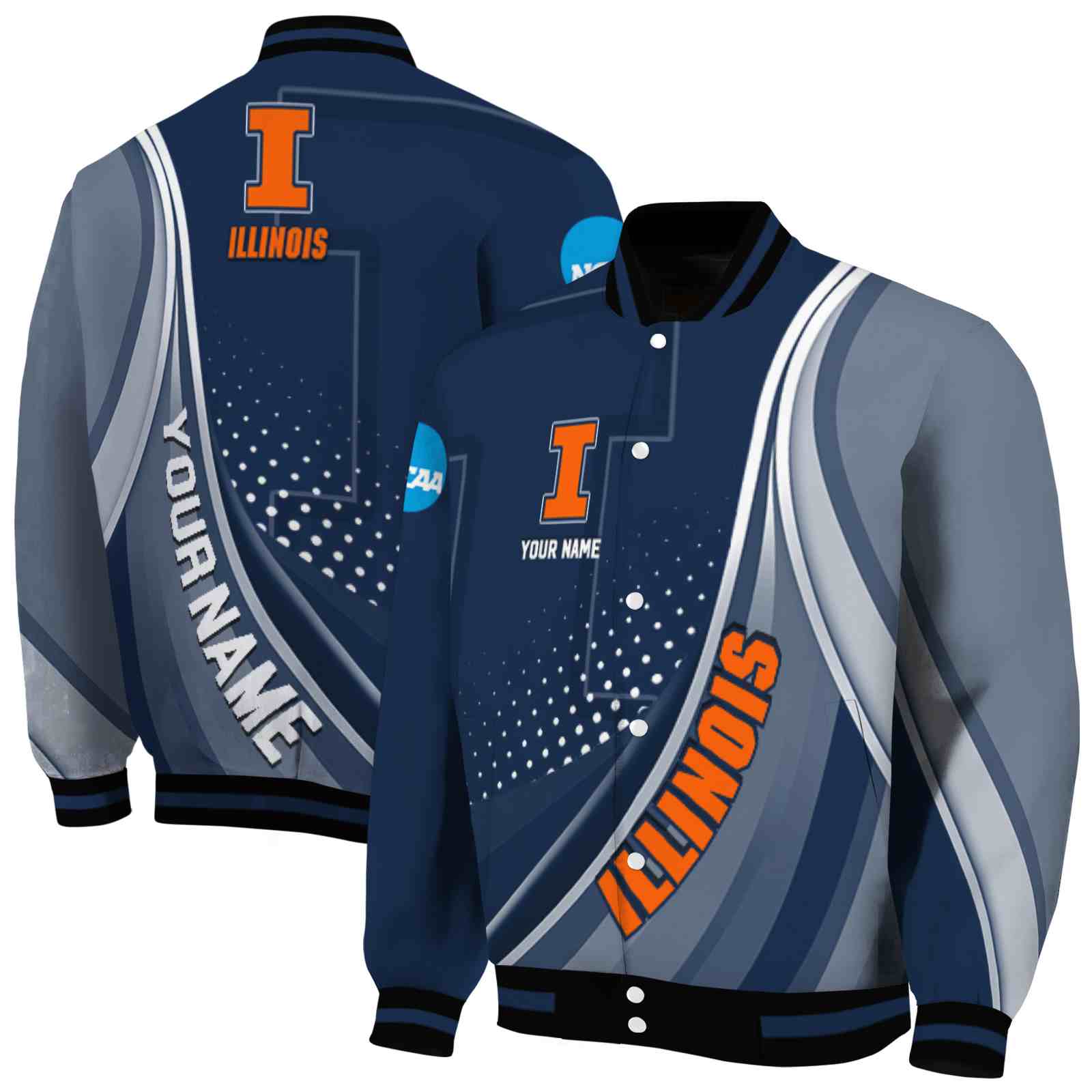 Ncaa Illinois Fighting Illini Wave Patterns Blue Custom Baseball Jacket Sport Fans Gear