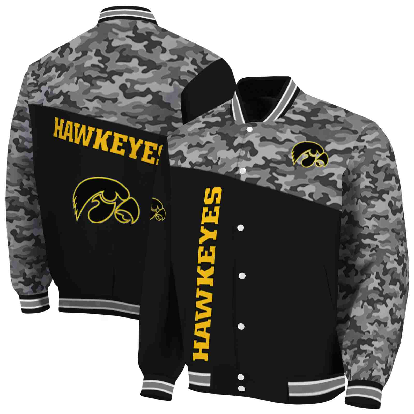 Ncaa Iowa Hawkeyes Camo Patchwork Black Custom Baseball Jacket Sport Fans Gear