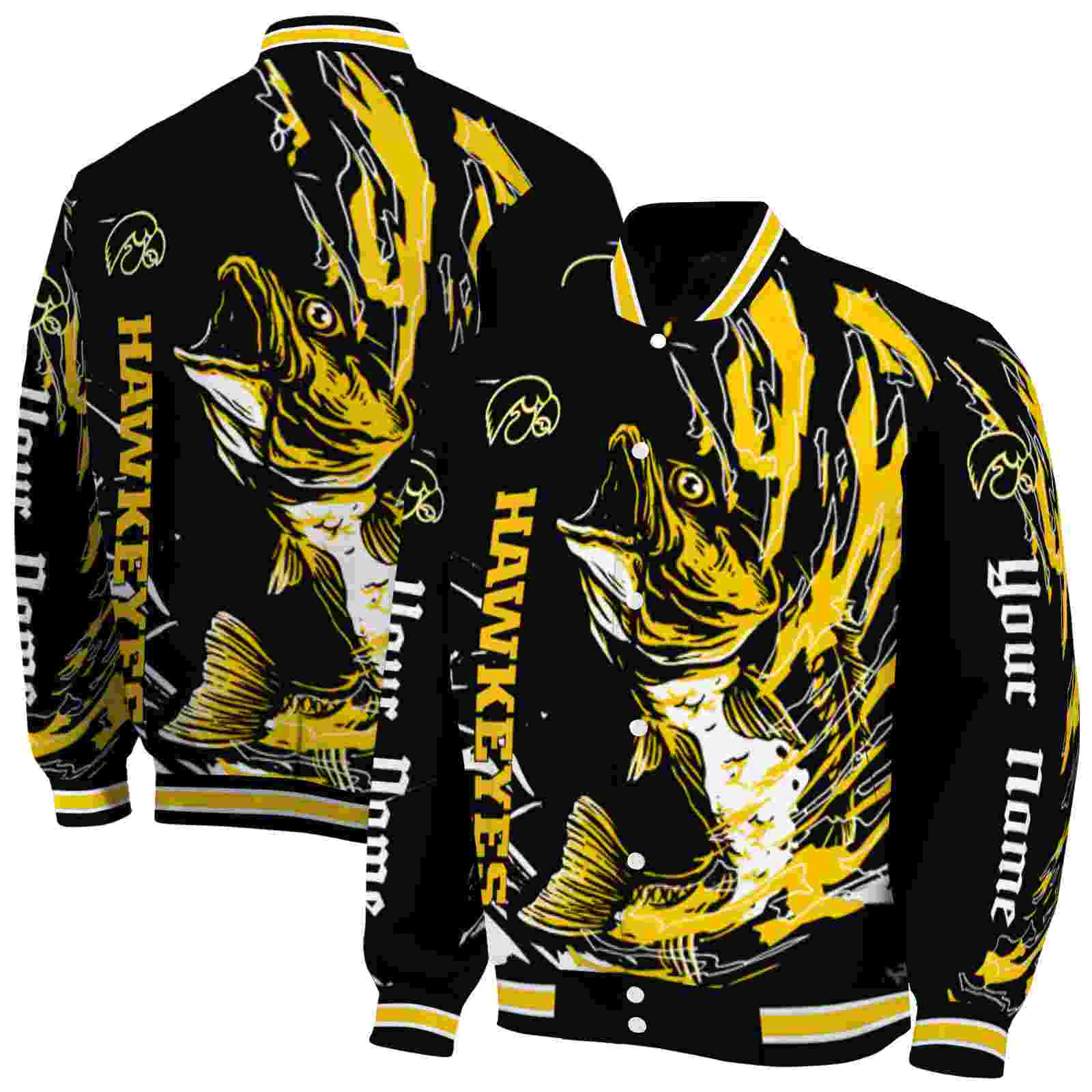 Ncaa Iowa Hawkeyes Fishing Passion Black White Custom Baseball Jacket Sport Fans Gear