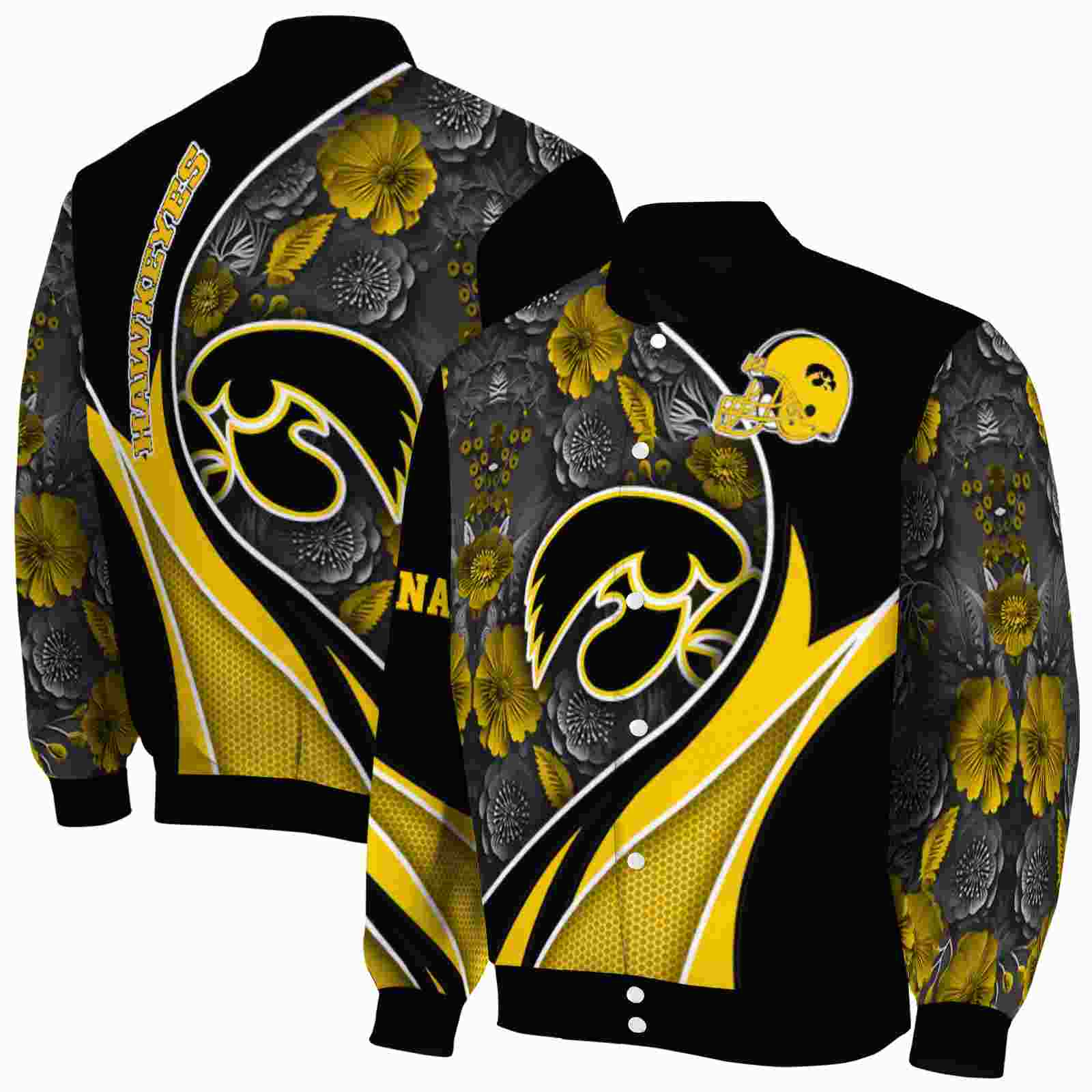 Ncaa Iowa Hawkeyes Floral Print Black Custom Baseball Jacket Sport Fans Gear