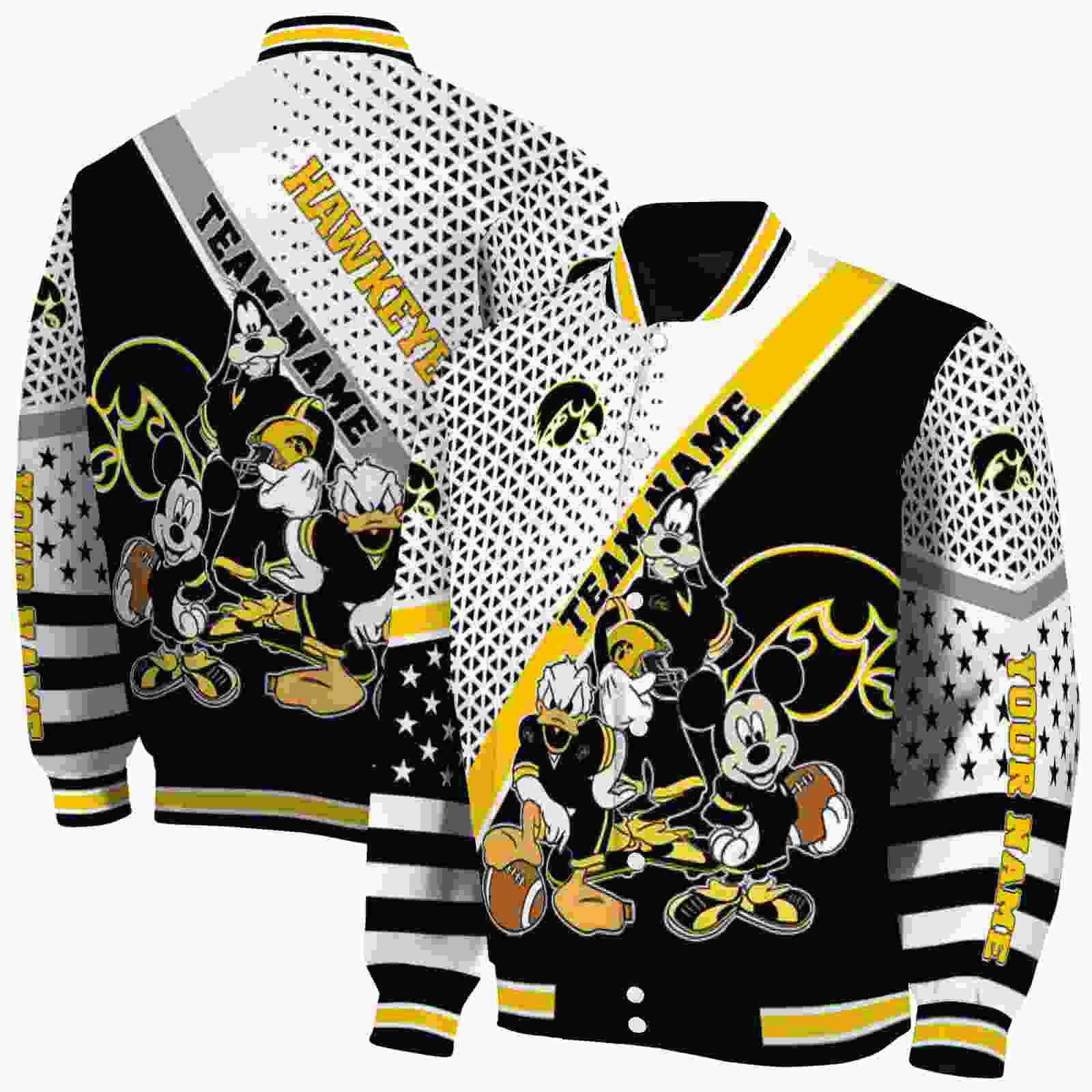 Ncaa Iowa Hawkeyes Mickey Donald Goofy Black White Custom Baseball Jacket Sport Fans Gear