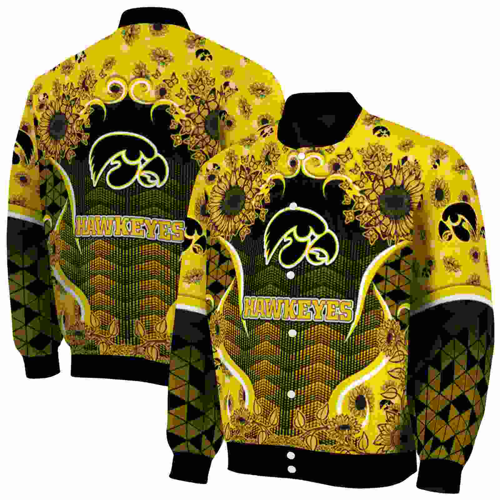Ncaa Iowa Hawkeyes SuNFL ower Bloom Black Yellow Custom Baseball Jacket Sport Fans Gear