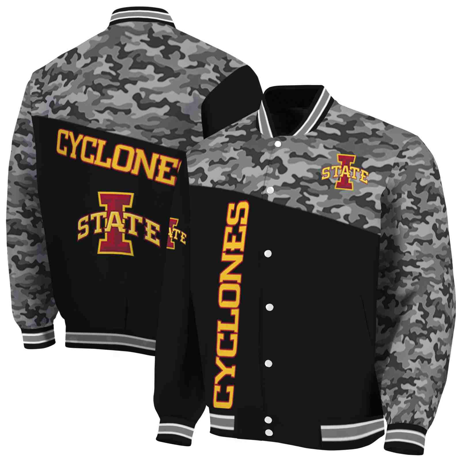 Ncaa Iowa State Cyclones Camo Patchwork Black Custom Baseball Jacket Sport Fans Gear