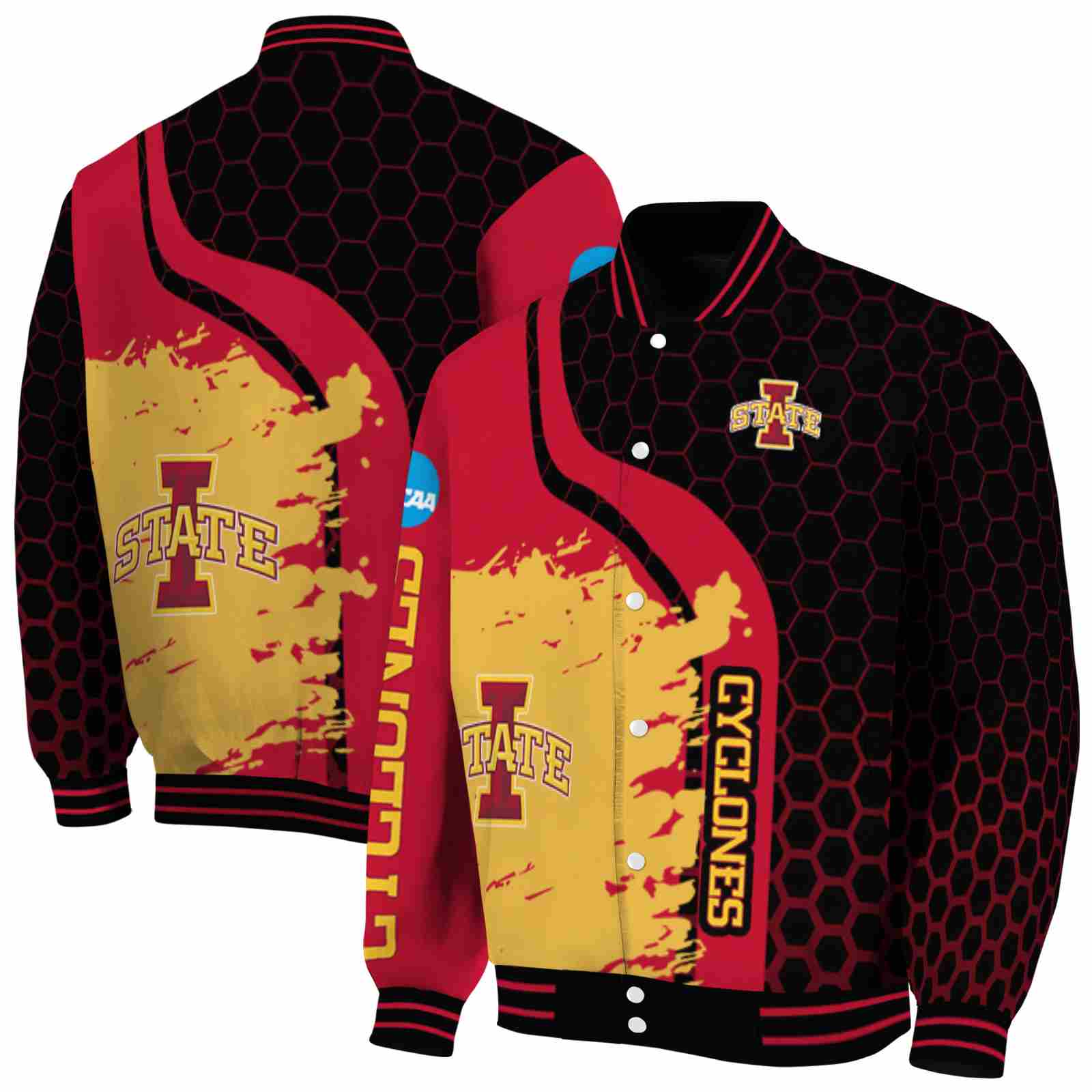 Ncaa Iowa State Cyclones Hexagonal Pattern Red Black Custom Baseball Jacket Sport Fans Gear