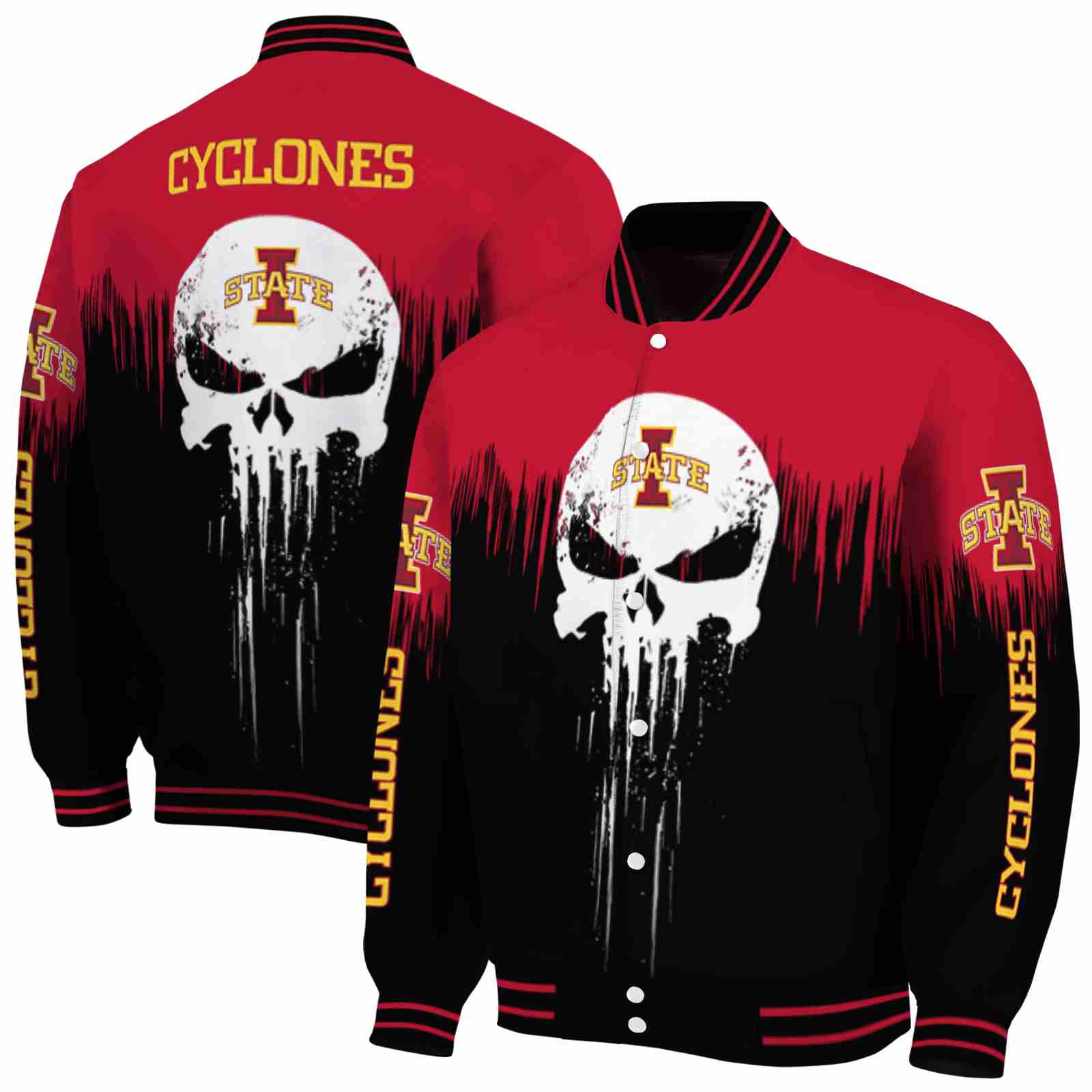 Ncaa Iowa State Cyclones Punisher Skull Red Black White Custom Baseball Jacket Sport Fans Gear