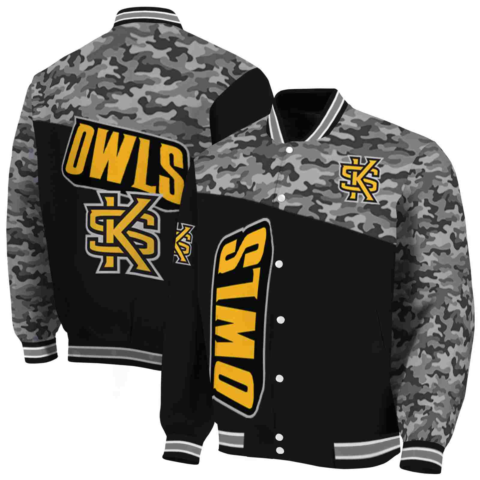 Ncaa Kennesaw State Owls Camo Patchwork Black Custom Baseball Jacket Sport Fans Gear