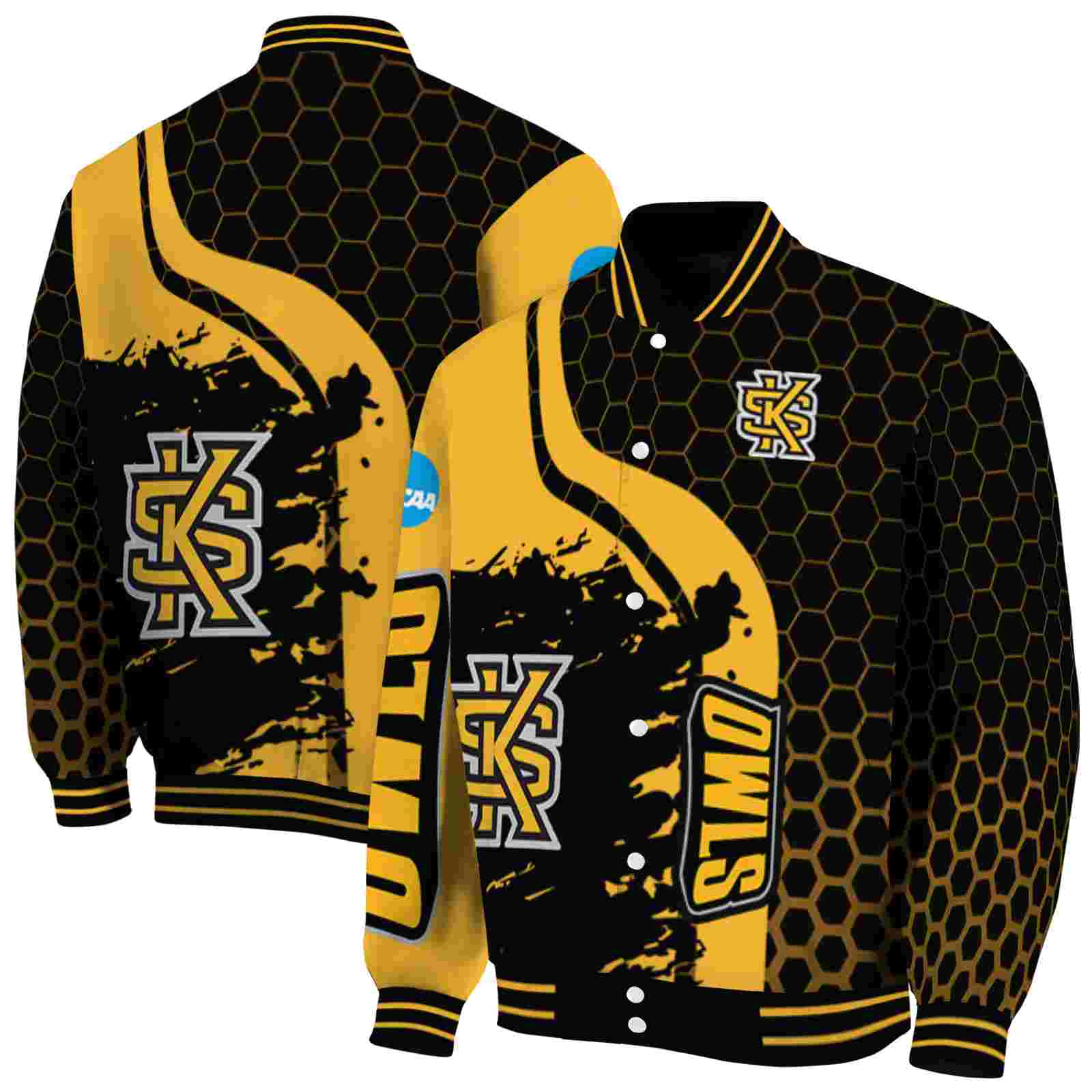 Ncaa Kennesaw State Owls Hexagonal Pattern Gold Black Custom Baseball Jacket Sport Fans Gear