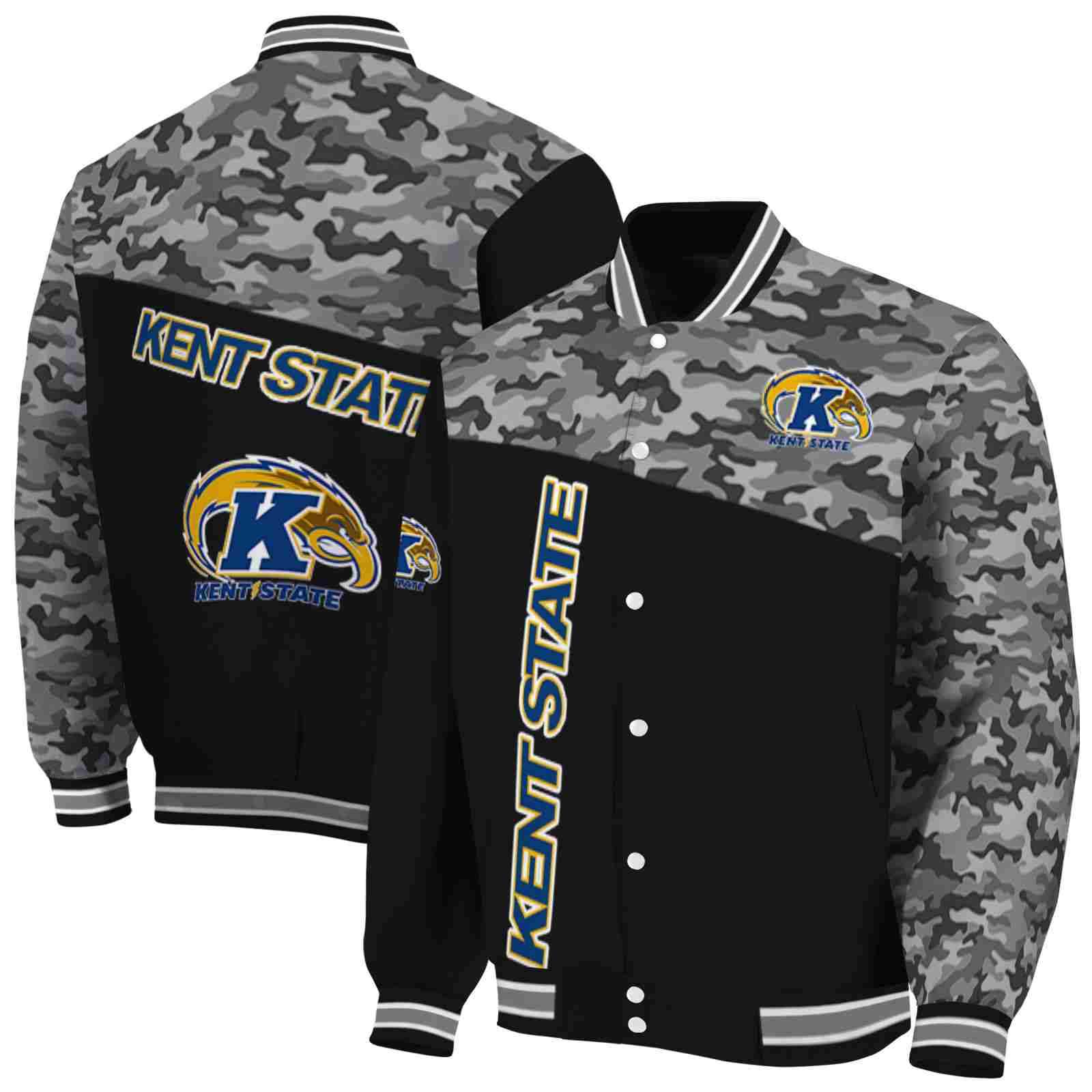 Ncaa Kent State Golden Flashes Camo Patchwork Black Custom Baseball Jacket Sport Fans Gear