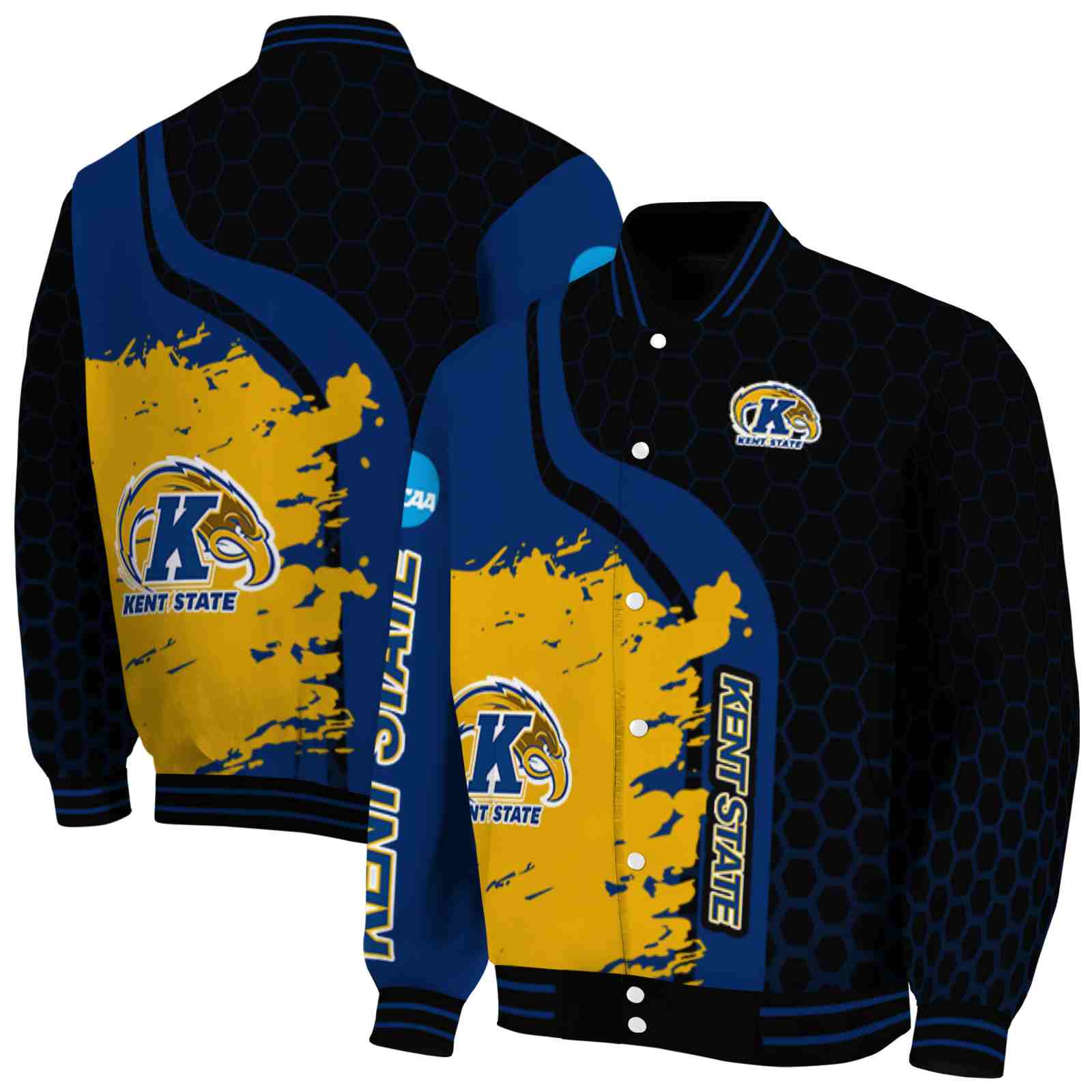 Ncaa Kent State Golden Flashes Hexagonal Pattern Navy Blue Black Custom Baseball Jacket Sport Fans Gear