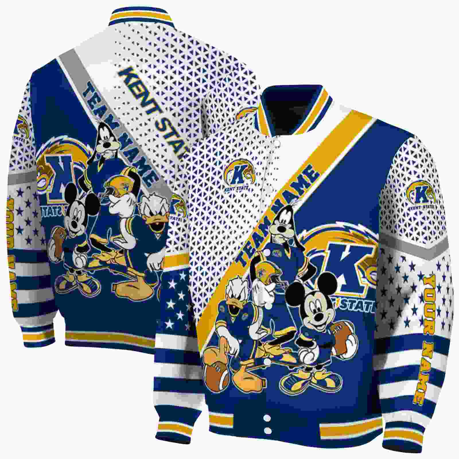 Ncaa Kent State Golden Flashes Mickey Donald Goofy Navy Blue White Custom Baseball Jacket Sport Fans Gear