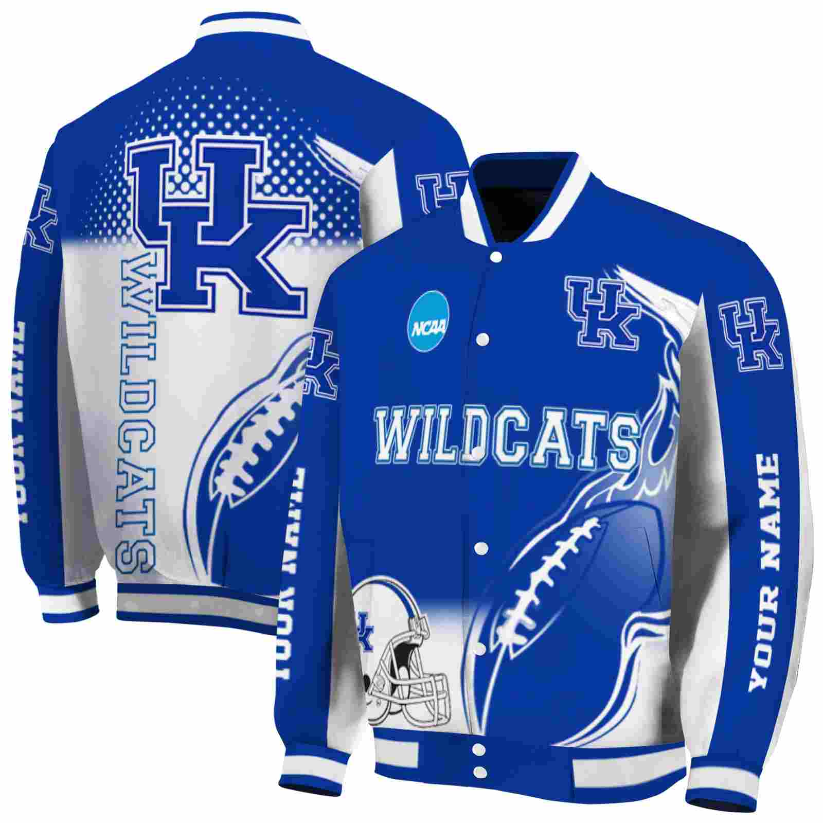 Ncaa Kentucky Wildcats Flaming Football Blue White Custom Baseball Jacket Sport Fans Gear