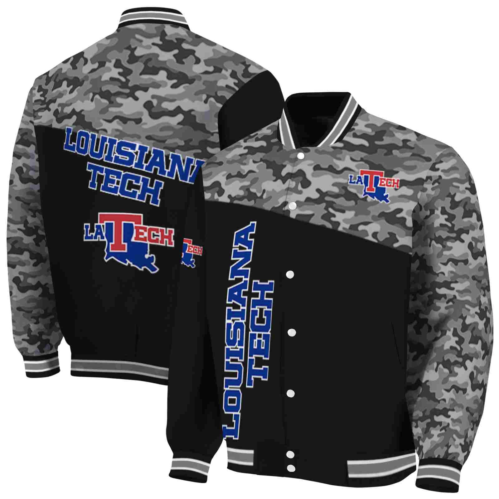 Ncaa LA Tech Camo Patchwork Black Custom Baseball Jacket Sport Fans Gear