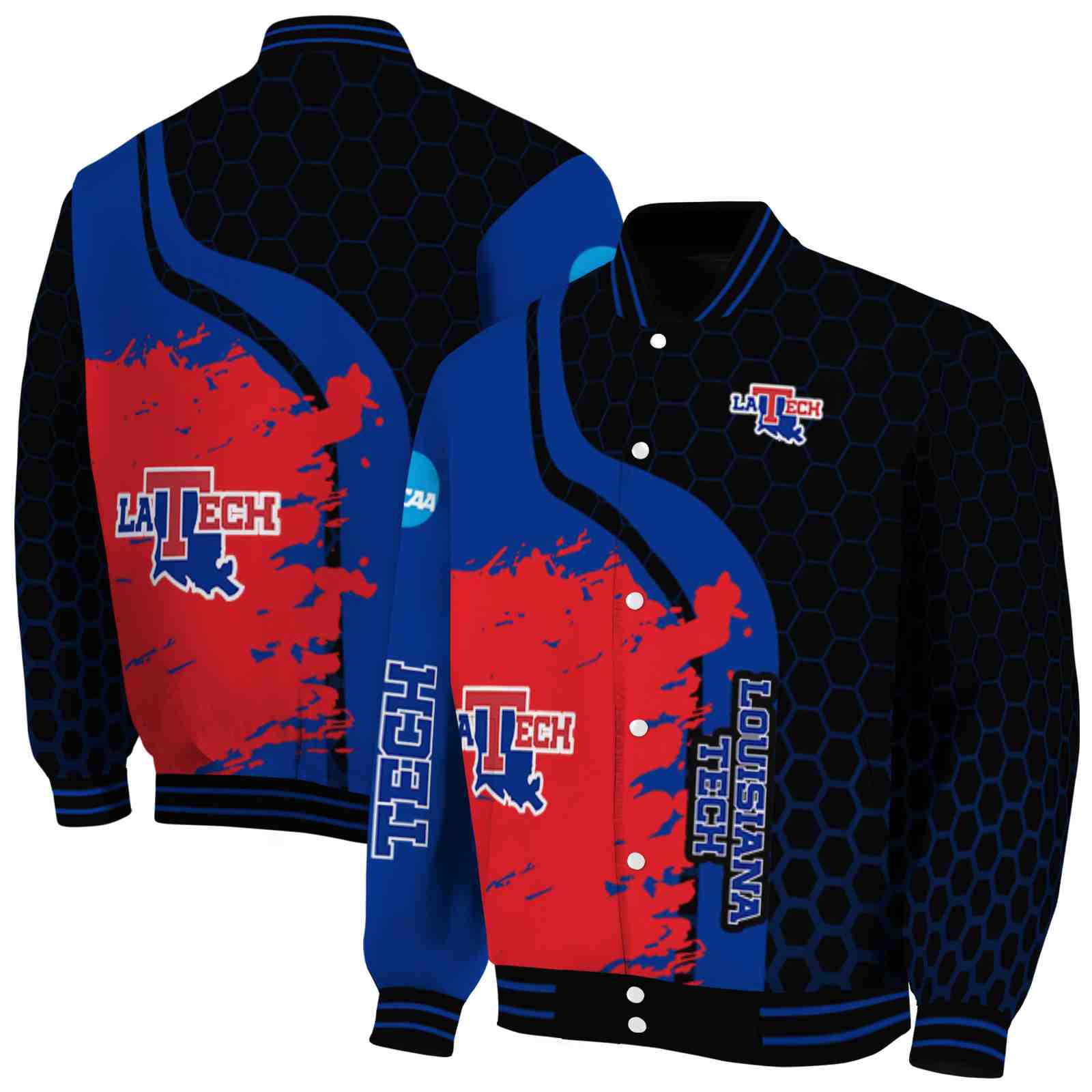 Ncaa LA Tech Hexagonal Pattern Blue Black Custom Baseball Jacket Sport Fans Gear