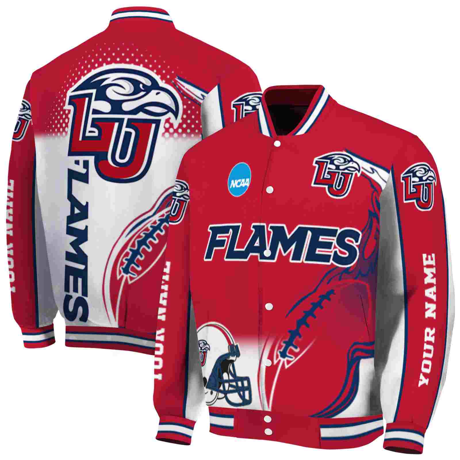 Ncaa Liberty Flames Flaming Football Red White Custom Baseball Jacket Sport Fans Gear