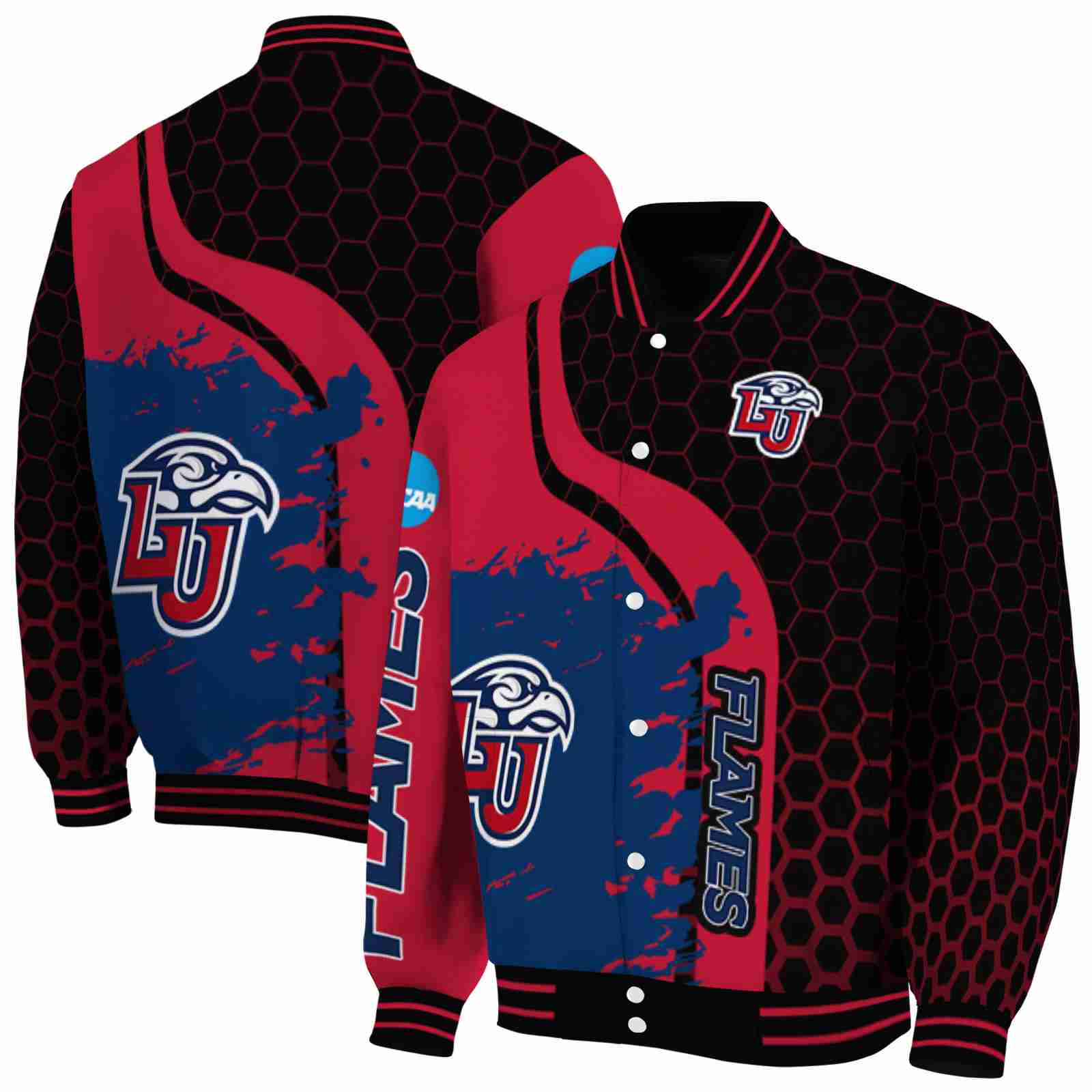 Ncaa Liberty Flames Hexagonal Pattern Red Black Custom Baseball Jacket Sport Fans Gear
