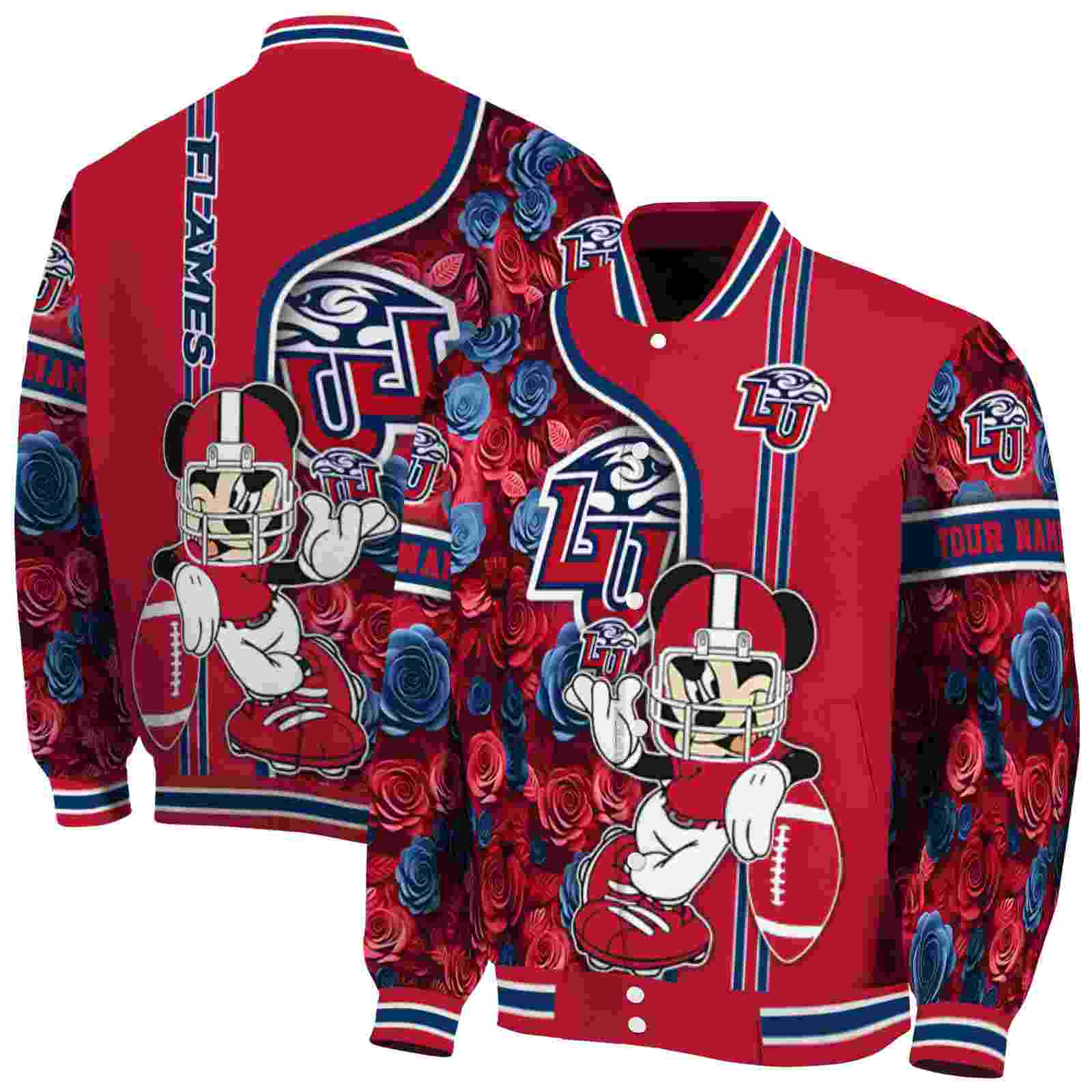 Ncaa Liberty Flames Rose Mickey Red Custom Baseball Jacket Sport Fans Gear