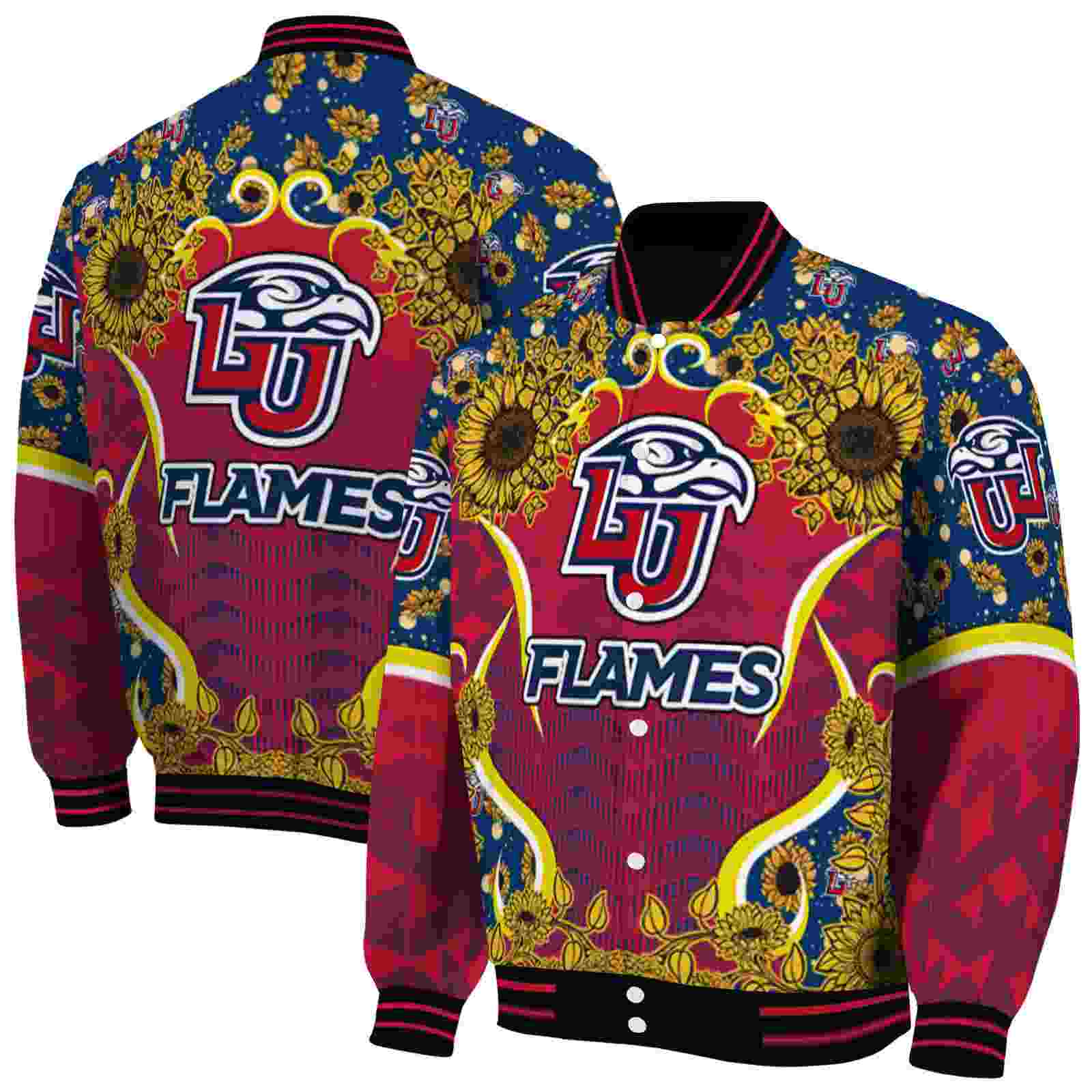 Ncaa Liberty Flames SuNFL ower Bloom Red Yellow Custom Baseball Jacket Sport Fans Gear