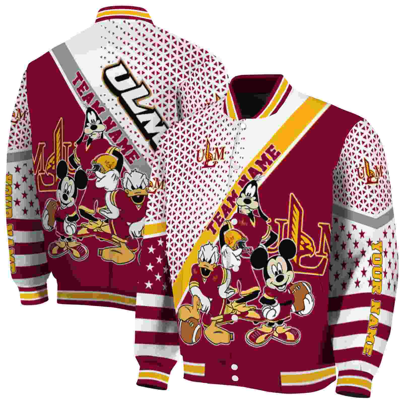 Ncaa Louisiana-Monroe Warhawks Mickey Donald Goofy Red White Custom Baseball Jacket Sport Fans Gear