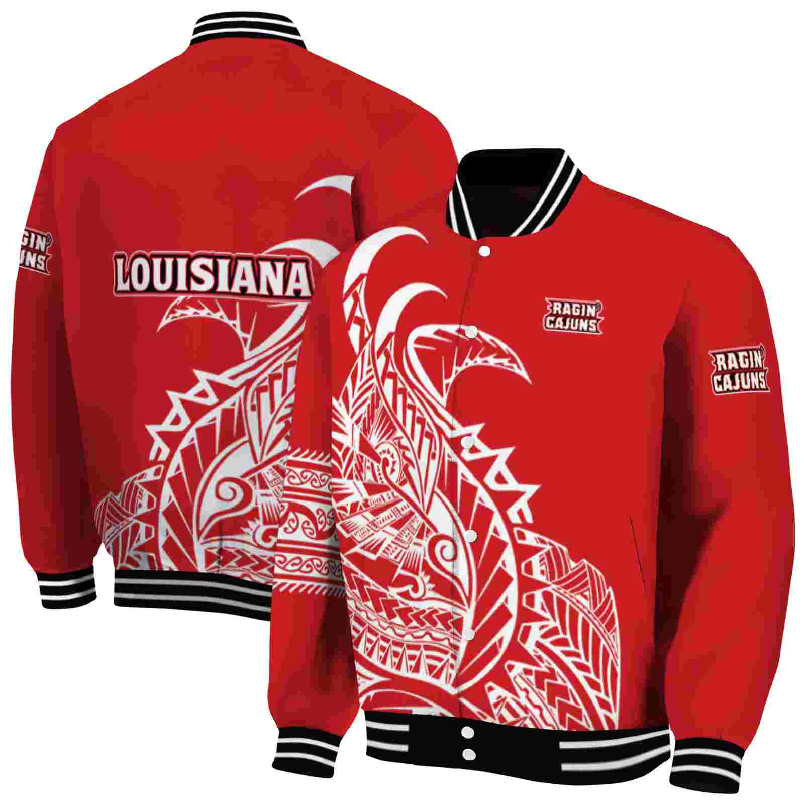 Ncaa Louisiana Ragina Cajuns Tribal Art Red White Black Custom Baseball Jacket Sport Fans Gear