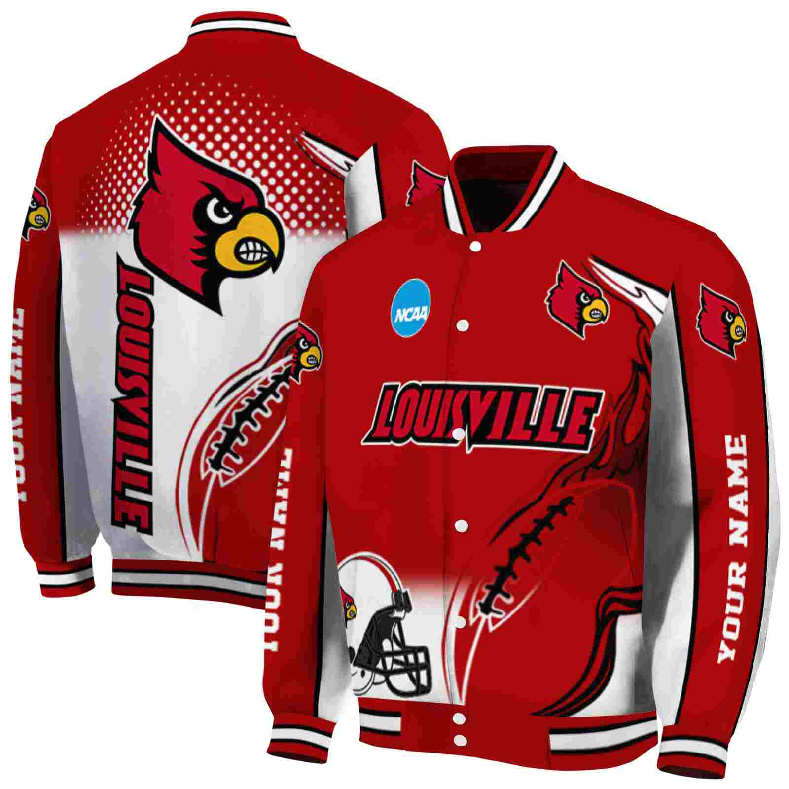 Ncaa Louisville Cardinals Flaming Football Red White Custom Baseball Jacket Sport Fans Gear
