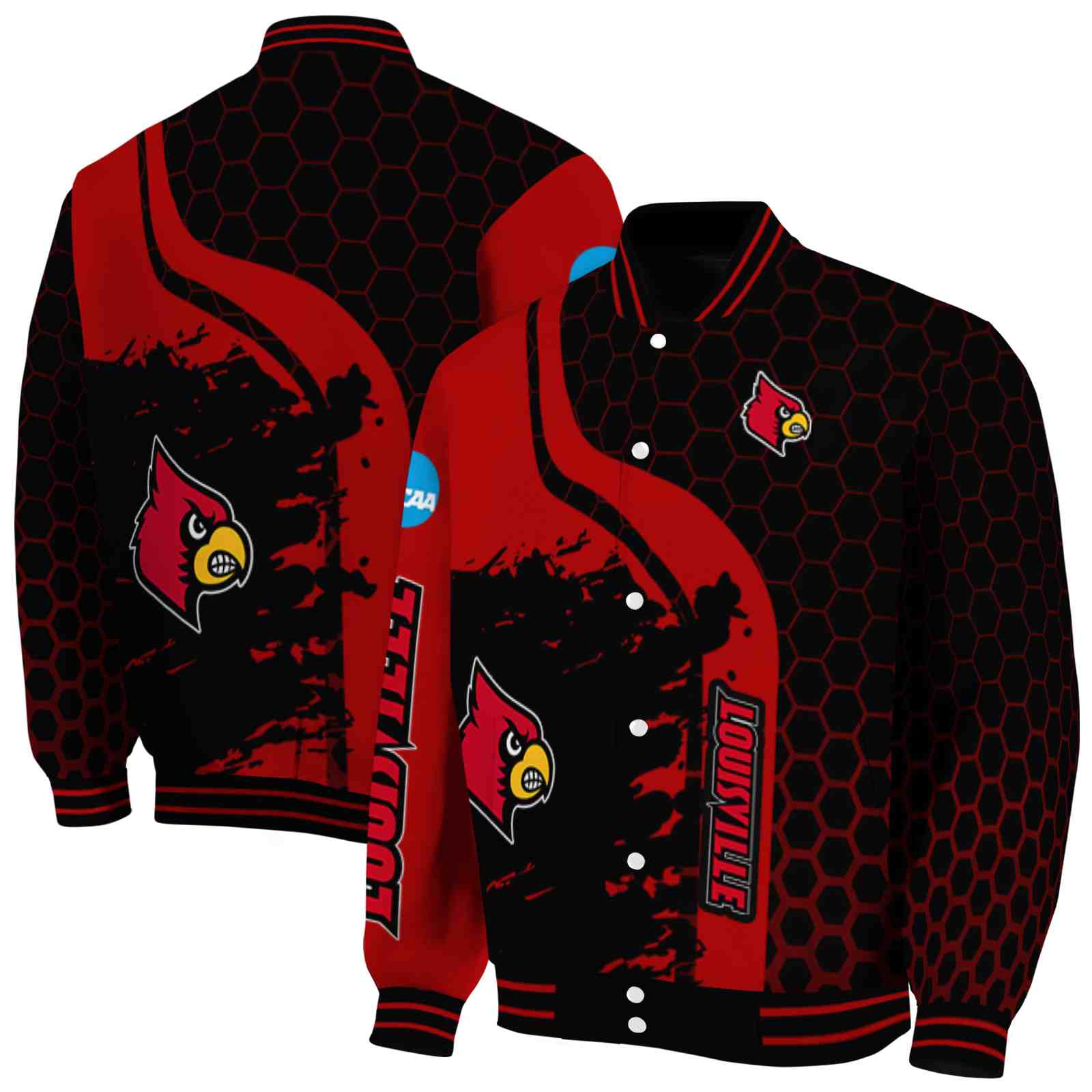 Ncaa Louisville Cardinals Hexagonal Pattern Red Black Custom Baseball Jacket Sport Fans Gear