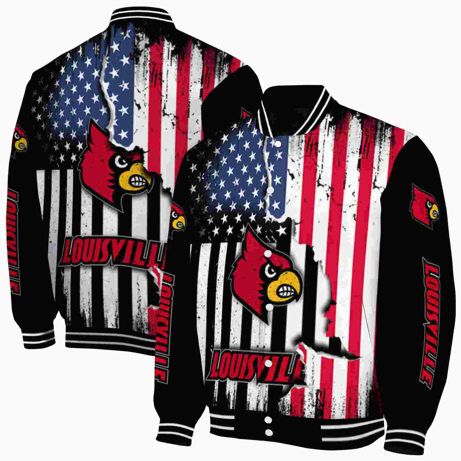 Ncaa Louisville Cardinals Patriotic Theme Black Custom Baseball Jacket Sport Fans Gear