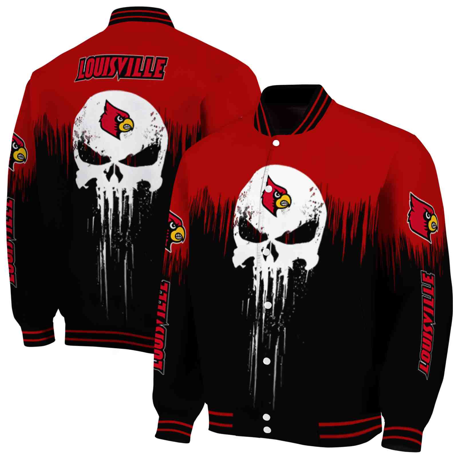 Ncaa Louisville Cardinals Punisher Skull Red Black White Custom Baseball Jacket Sport Fans Gear