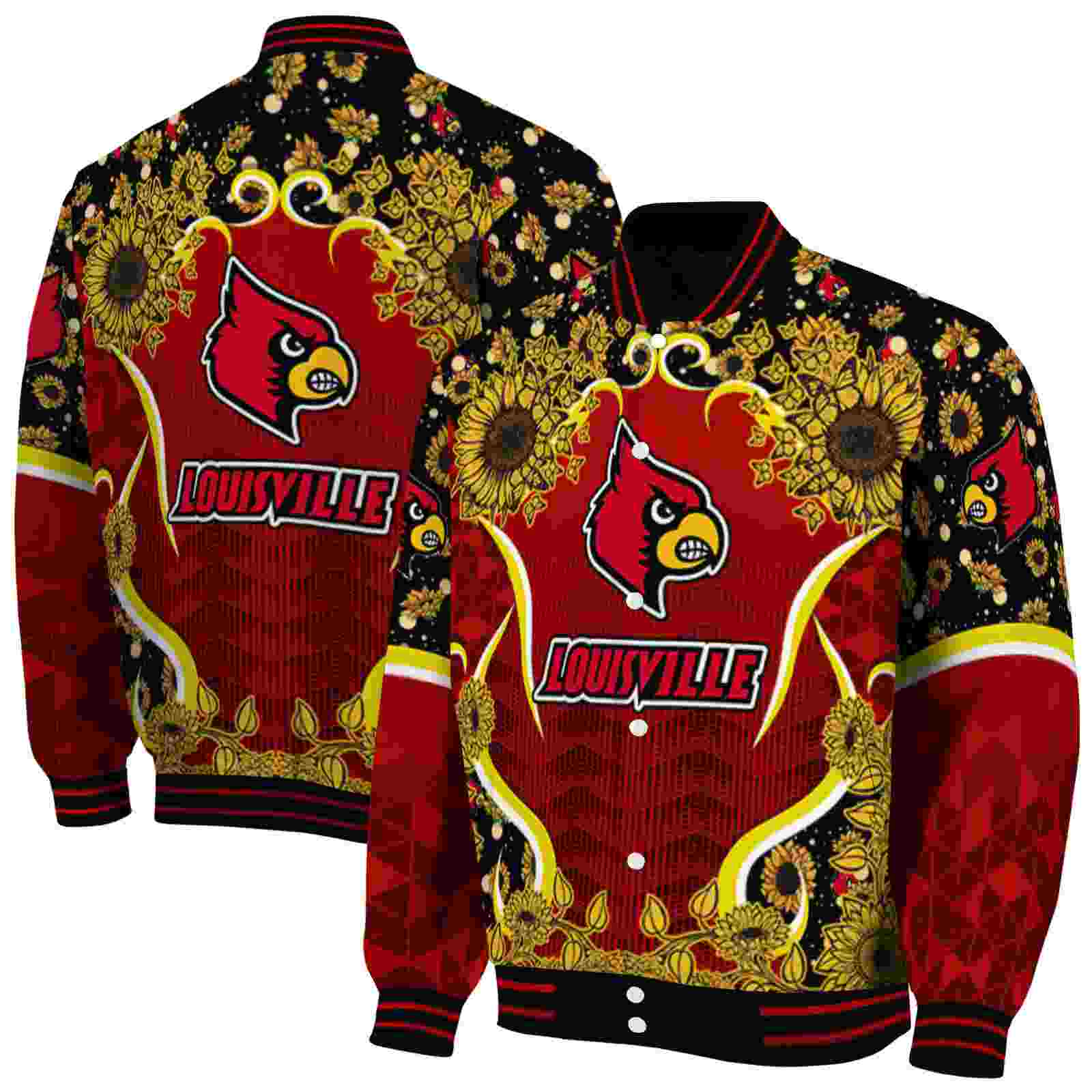 Ncaa Louisville Cardinals SuNFL ower Bloom Red Yellow Custom Baseball Jacket Sport Fans Gear