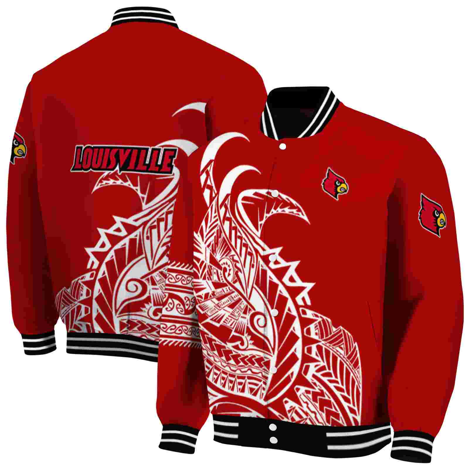Ncaa Louisville Cardinals Tribal Art Red White Black Custom Baseball Jacket Sport Fans Gear