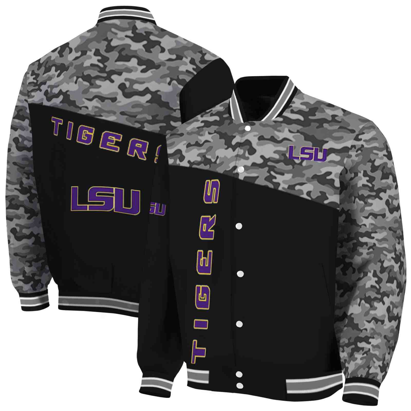 Ncaa LSU Tigers Camo Patchwork Black Custom Baseball Jacket Sport Fans Gear