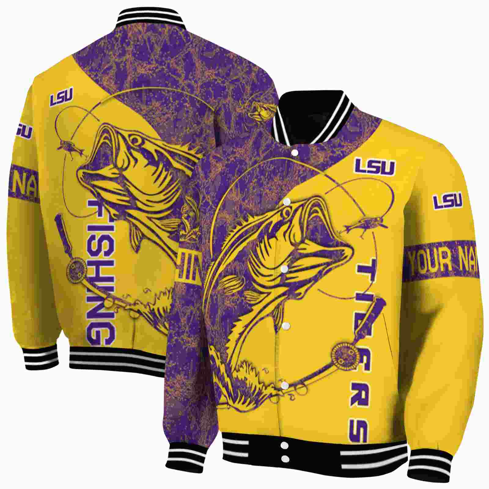 Ncaa LSU Tigers Fishing Rod Gold Custom Baseball Jacket Sport Fans Gear