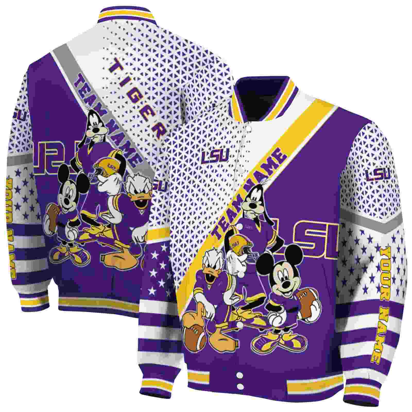 Ncaa LSU Tigers Mickey Donald Goofy Purple White Custom Baseball Jacket Sport Fans Gear