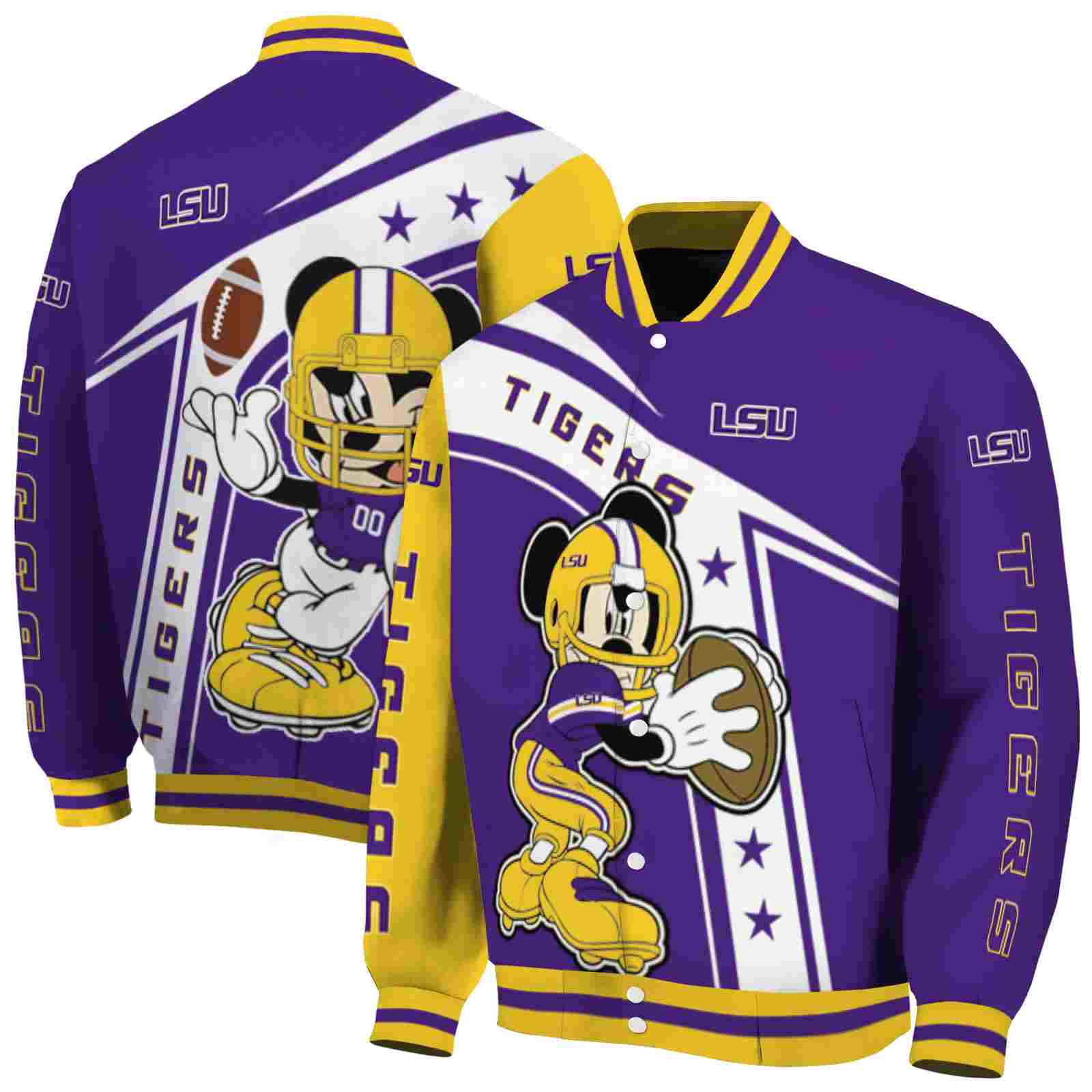 Ncaa LSU Tigers Mickey Football Purple White Custom Baseball Jacket Sport Fans Gear