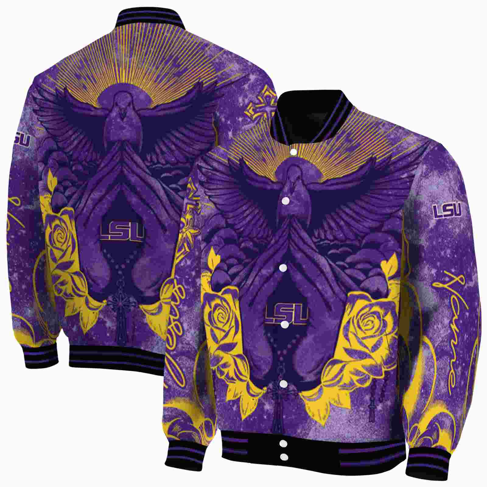 Ncaa LSU Tigers Praying Hands Purple Custom Baseball Jacket Sport Fans Gear