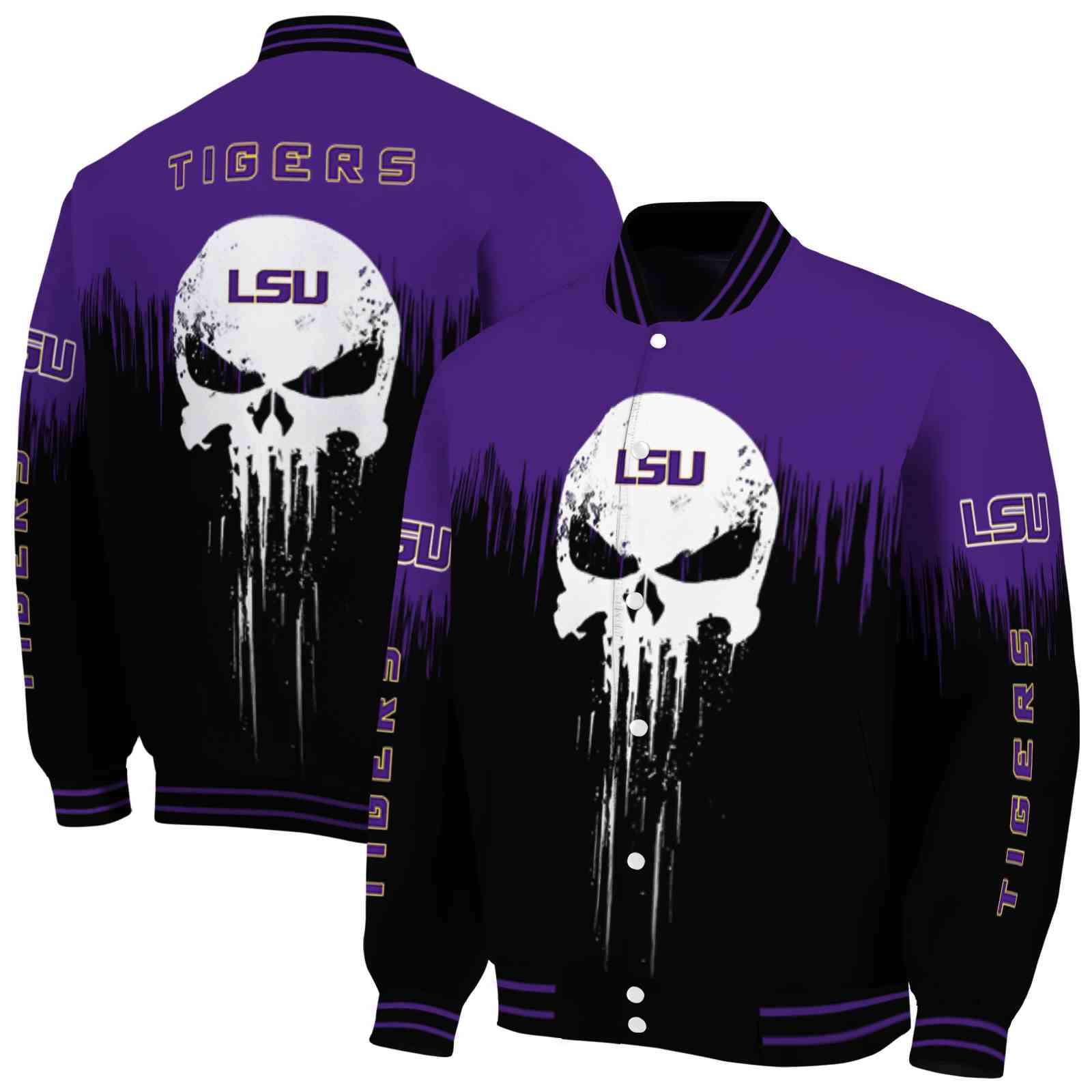 Ncaa LSU Tigers Punisher Skull Purple Black White Custom Baseball Jacket Sport Fans Gear