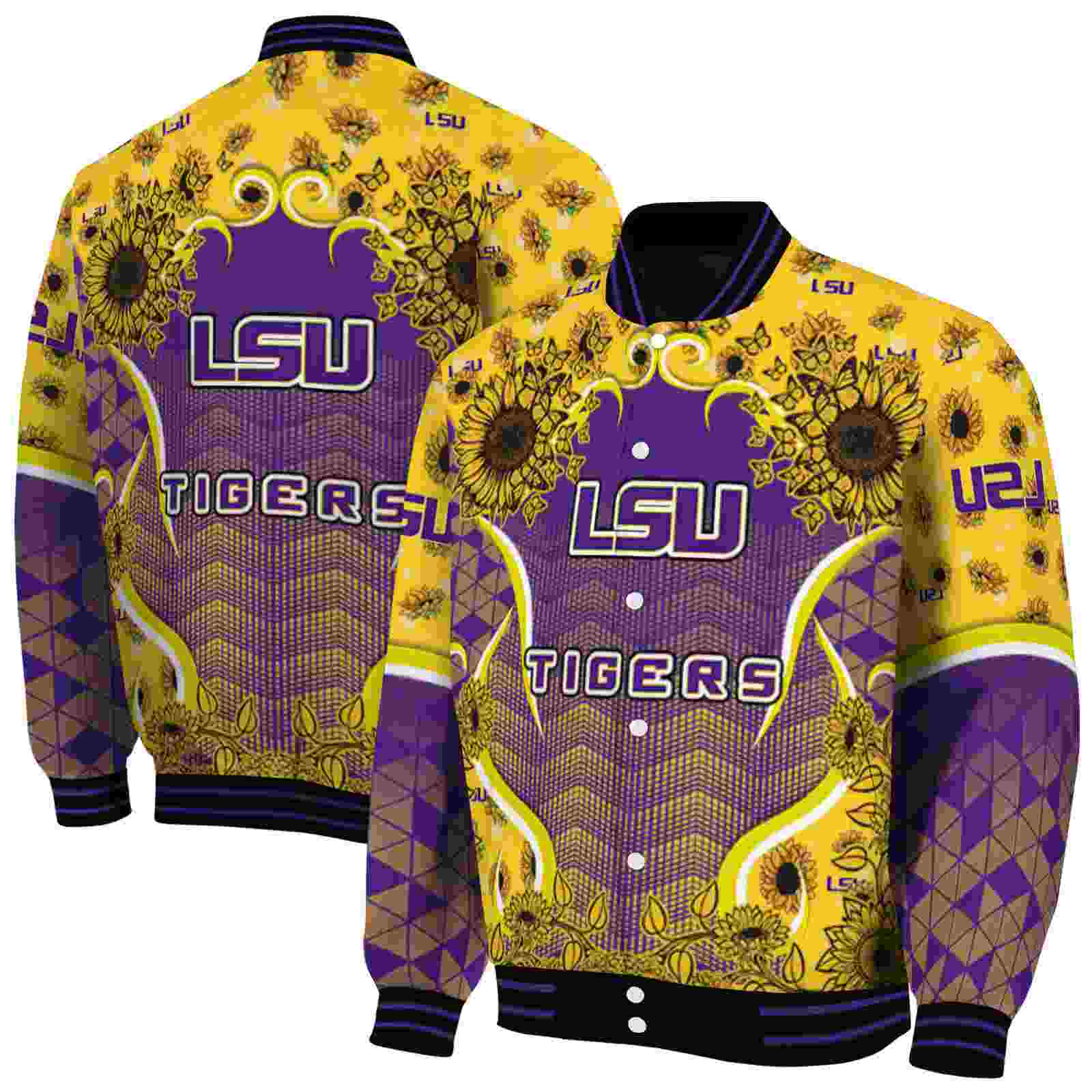 Ncaa LSU Tigers SuNFL ower Bloom Purple Yellow Custom Baseball Jacket Sport Fans Gear