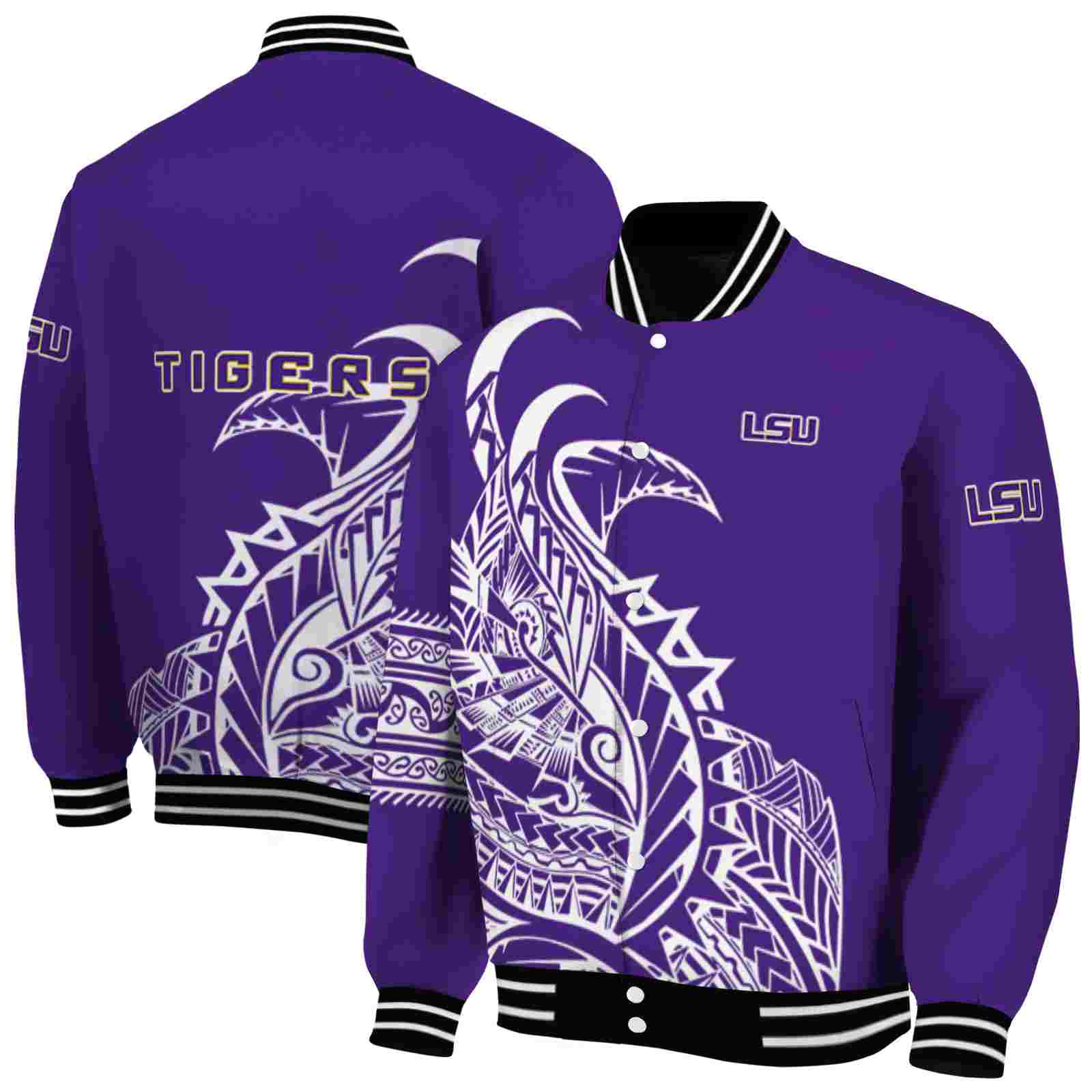 Ncaa LSU Tigers Tribal Art Purple White Black Custom Baseball Jacket Sport Fans Gear