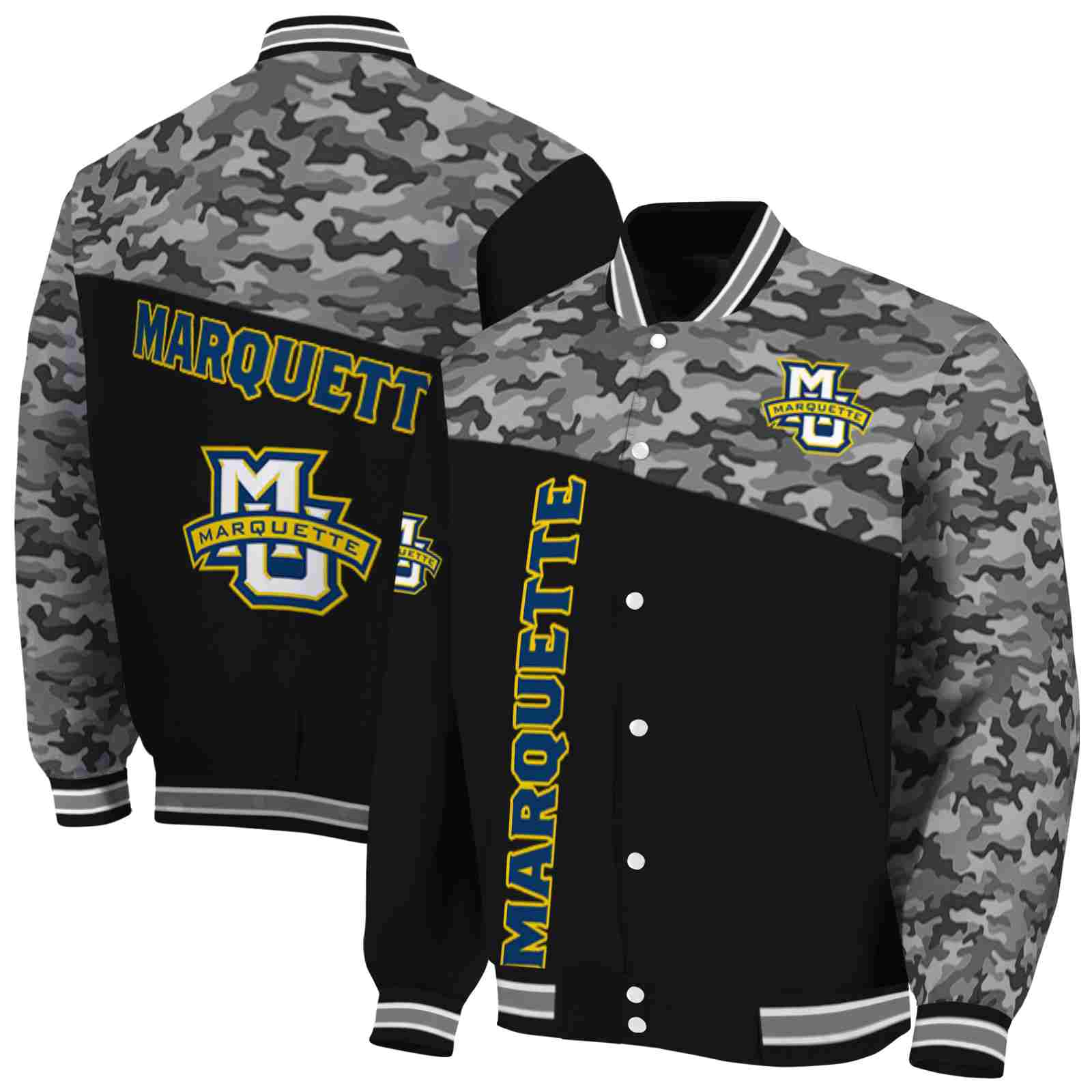 Ncaa Marquette Golden Eagles Camo Patchwork Black Custom Baseball Jacket Sport Fans Gear