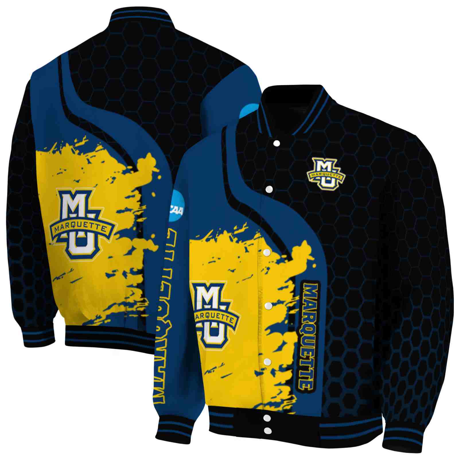 Ncaa Marquette Golden Eagles Hexagonal Pattern Blue Black Custom Baseball Jacket Sport Fans Gear